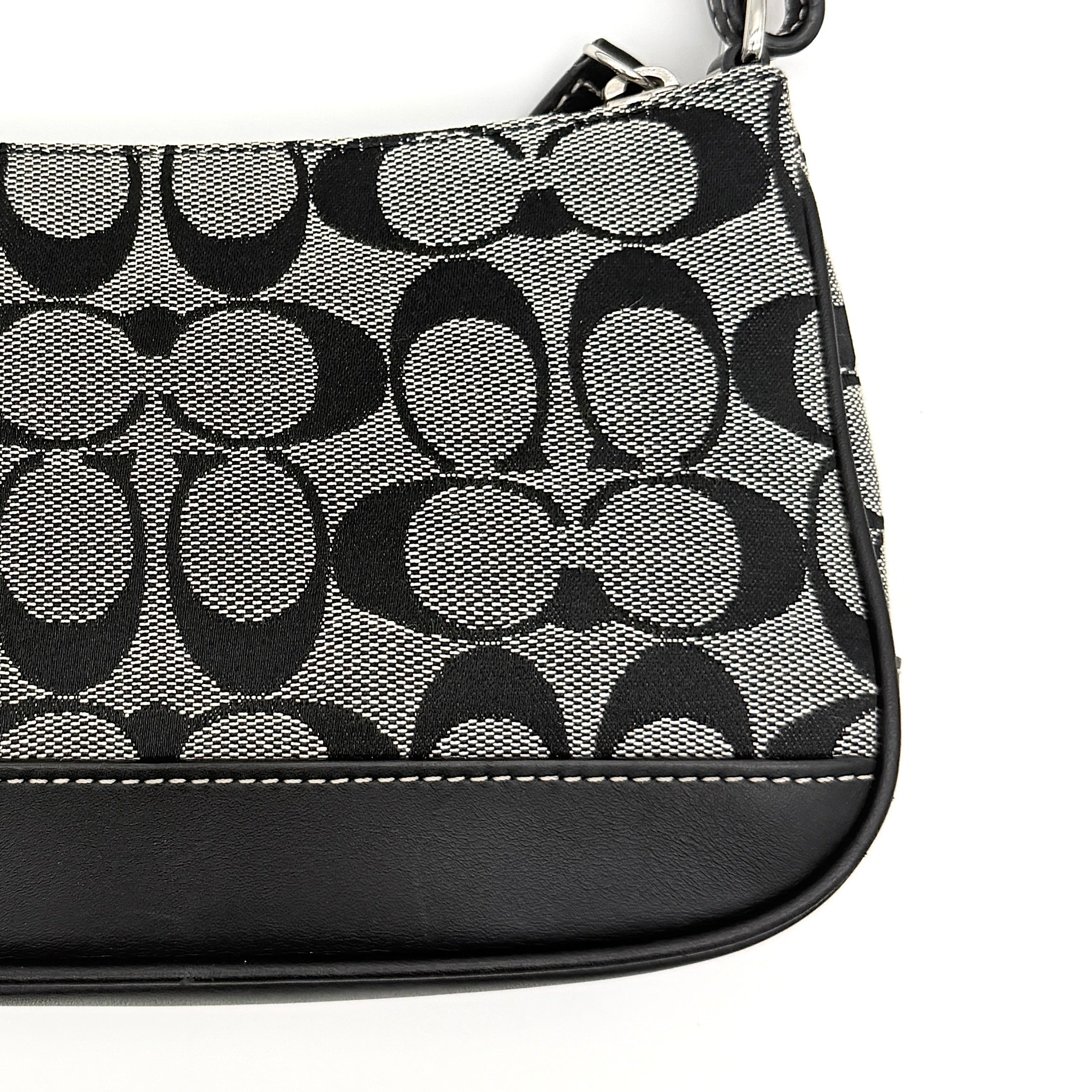Coach Y2K Demi Shoulder Bag in grey and black jacquard with black leather trim and silver hardware.