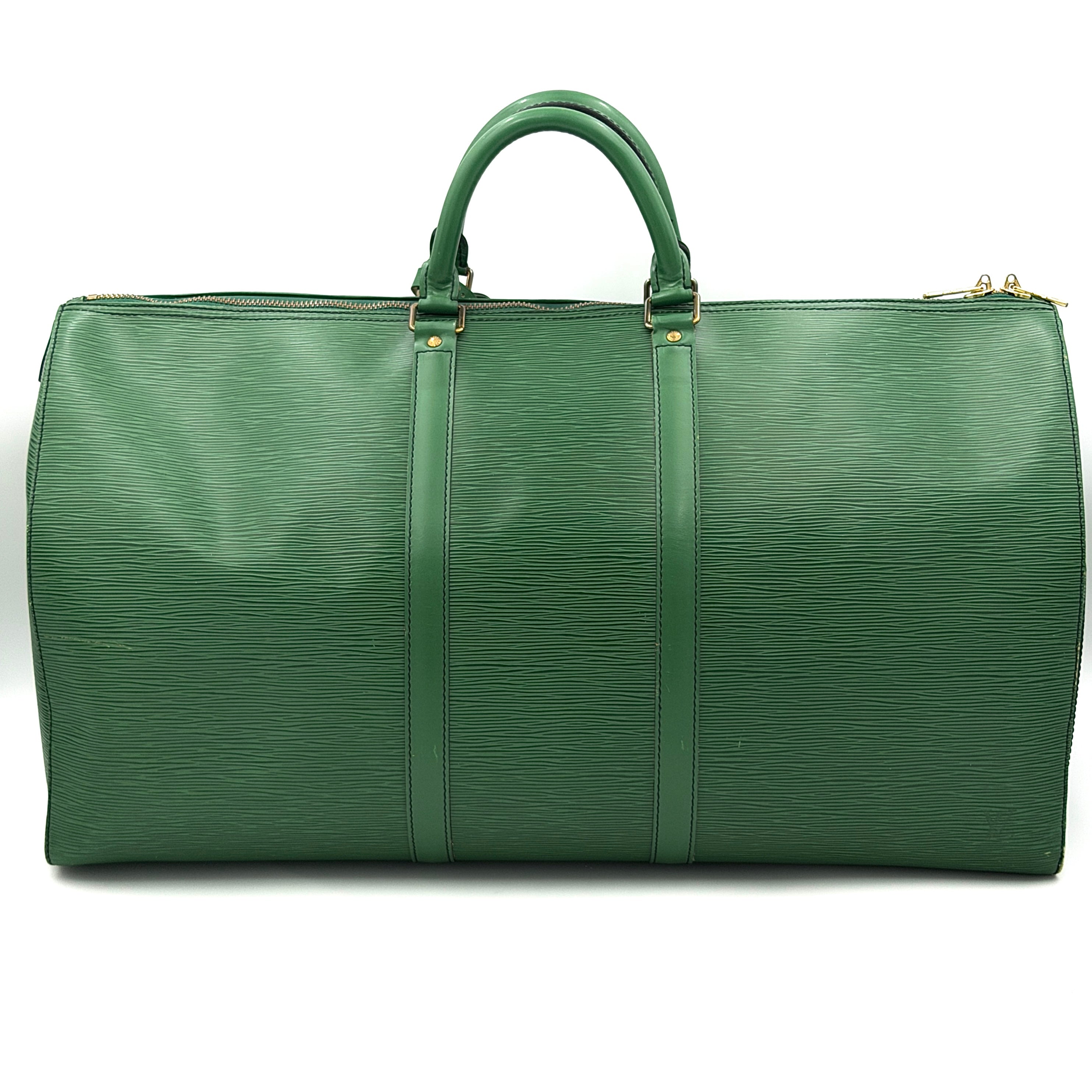 Louis Vuitton Epi Keepall 60 Duffle Bag in textured green leather with double handles and gold-tone hardware.