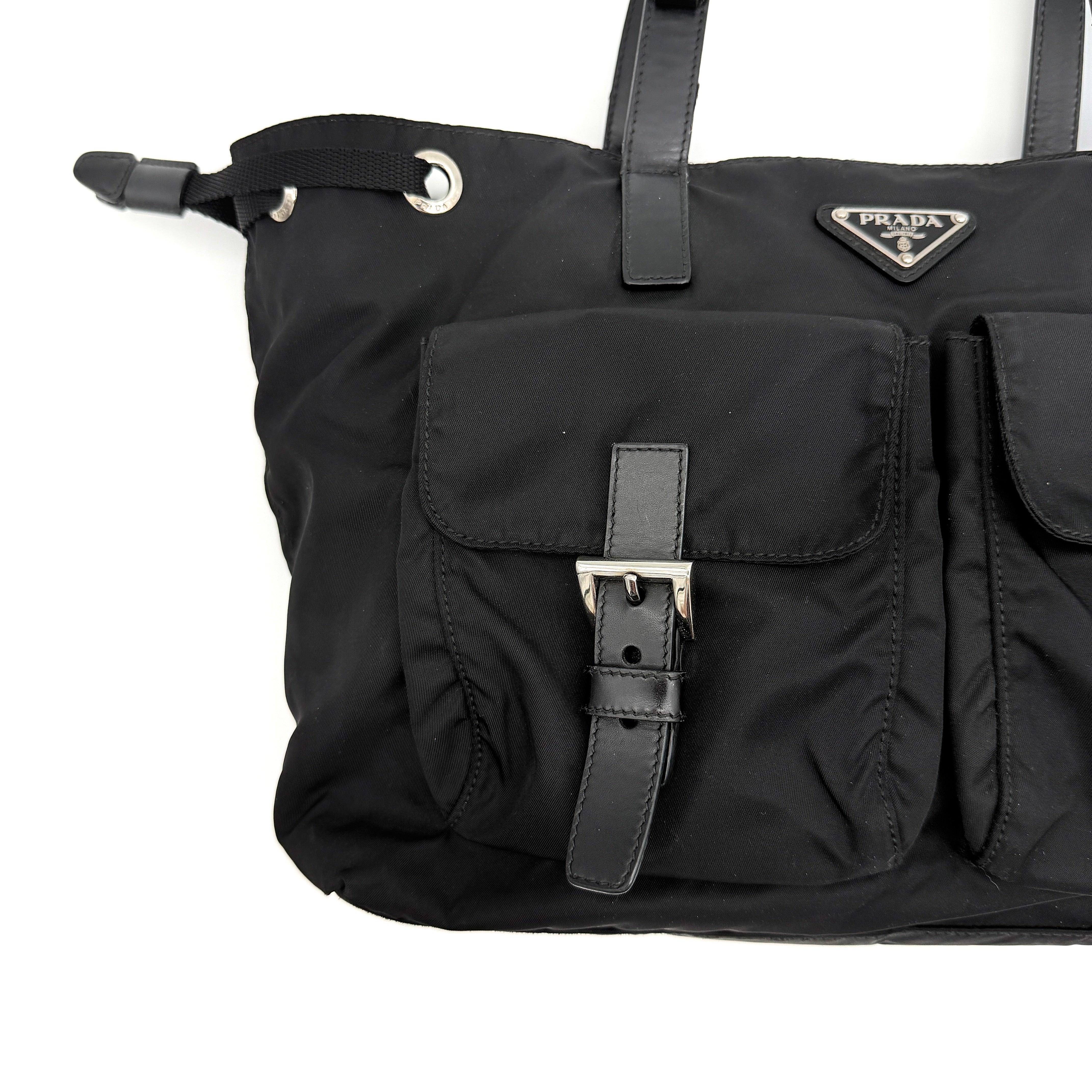 Prada Tessuto Nylon Front Buckle Tote Bag Black