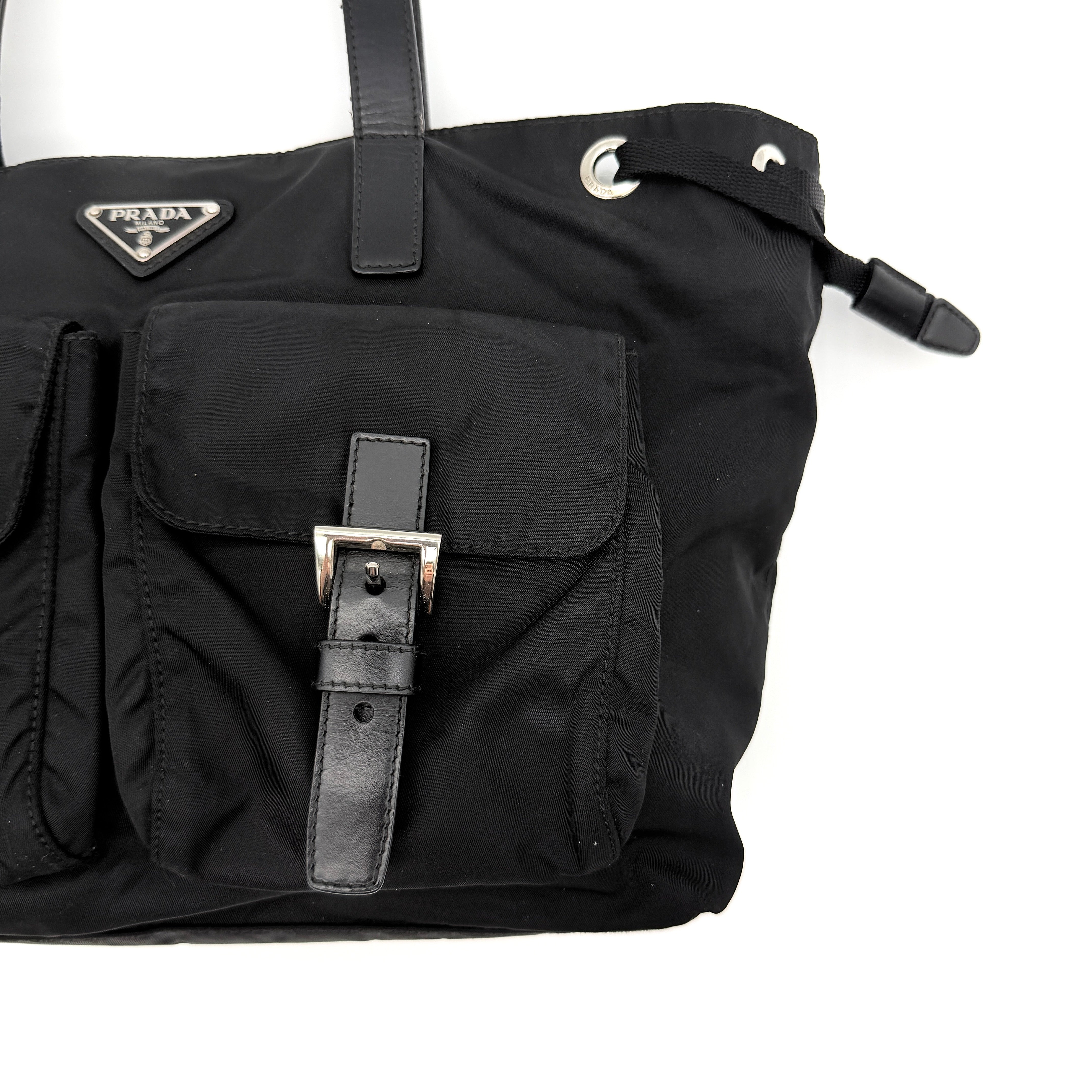 Prada Tessuto Nylon Front Buckle Tote Bag Black