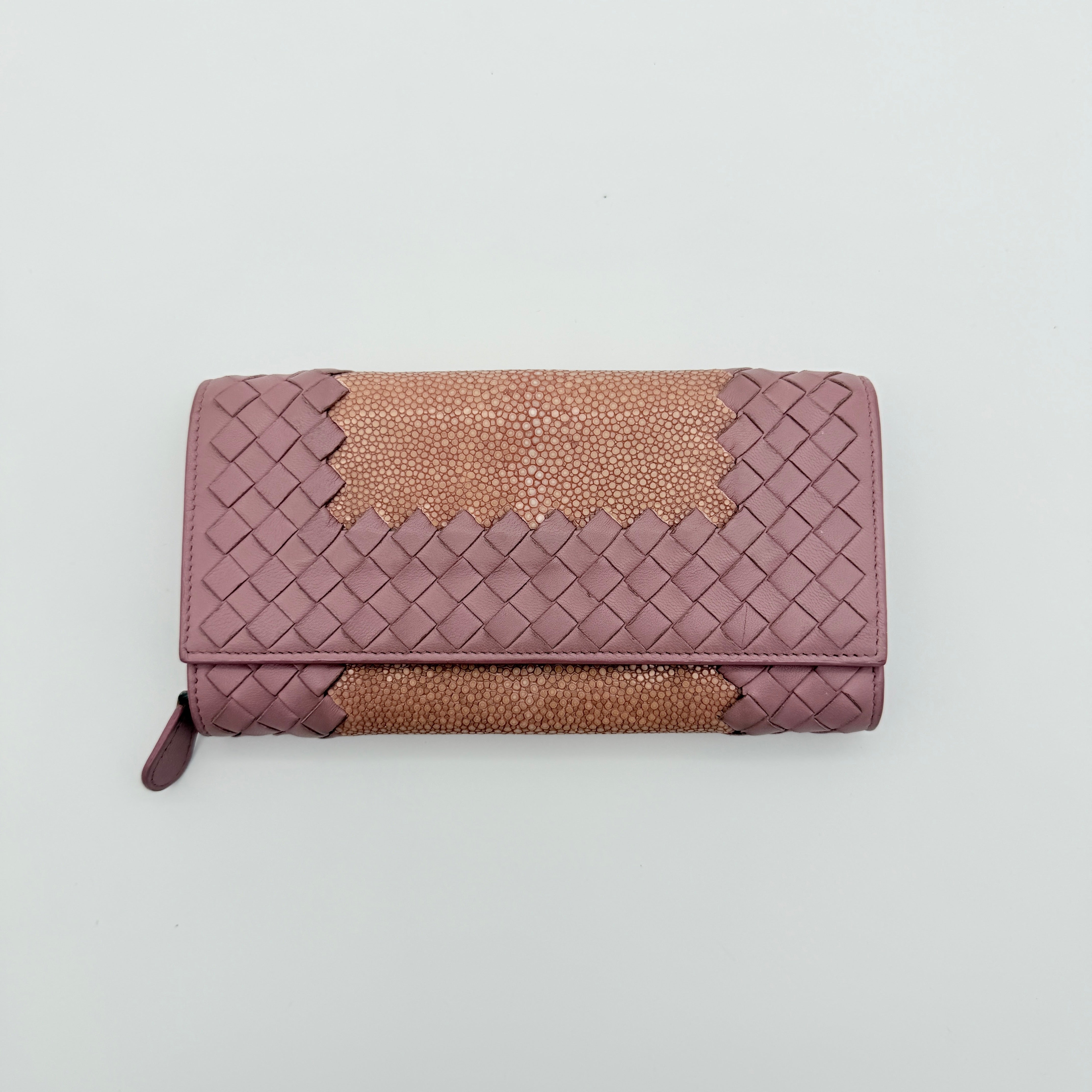 Bottega Veneta Intrecciato Woven Stingray Long Wallet Pink