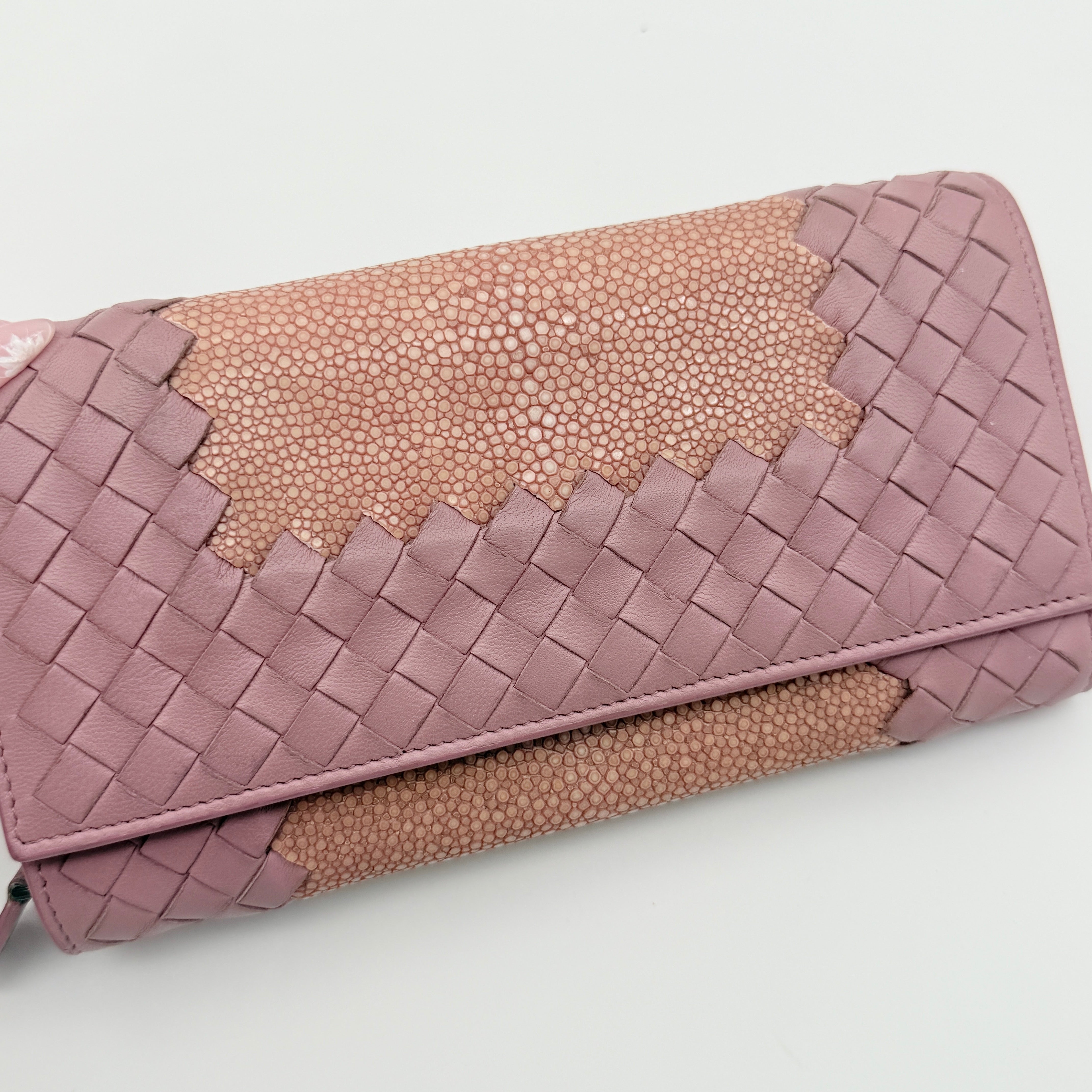 Bottega Veneta Intrecciato Woven Stingray Long Wallet Pink
