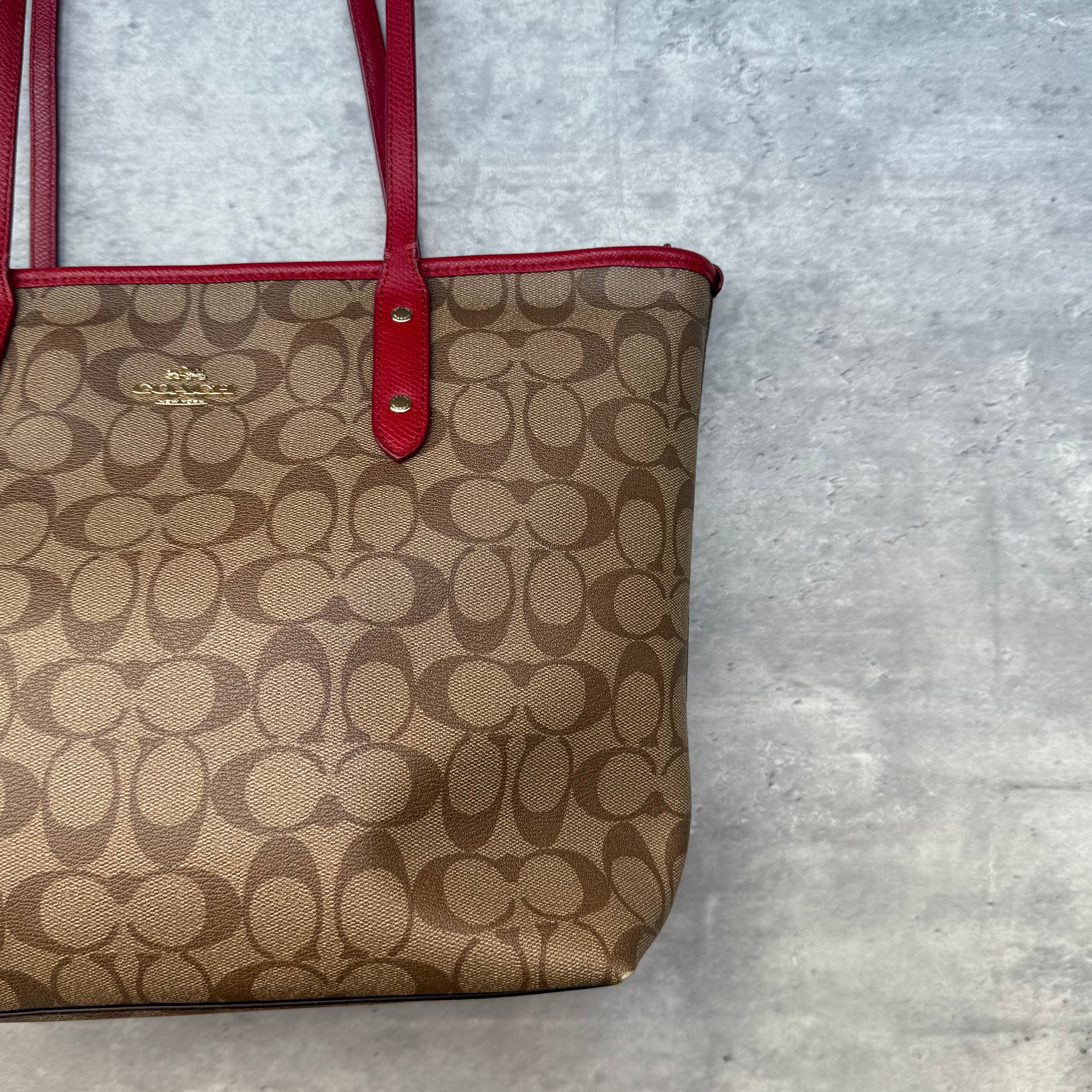 Coach Signature Canvas City Tote Bag Beige/Red
