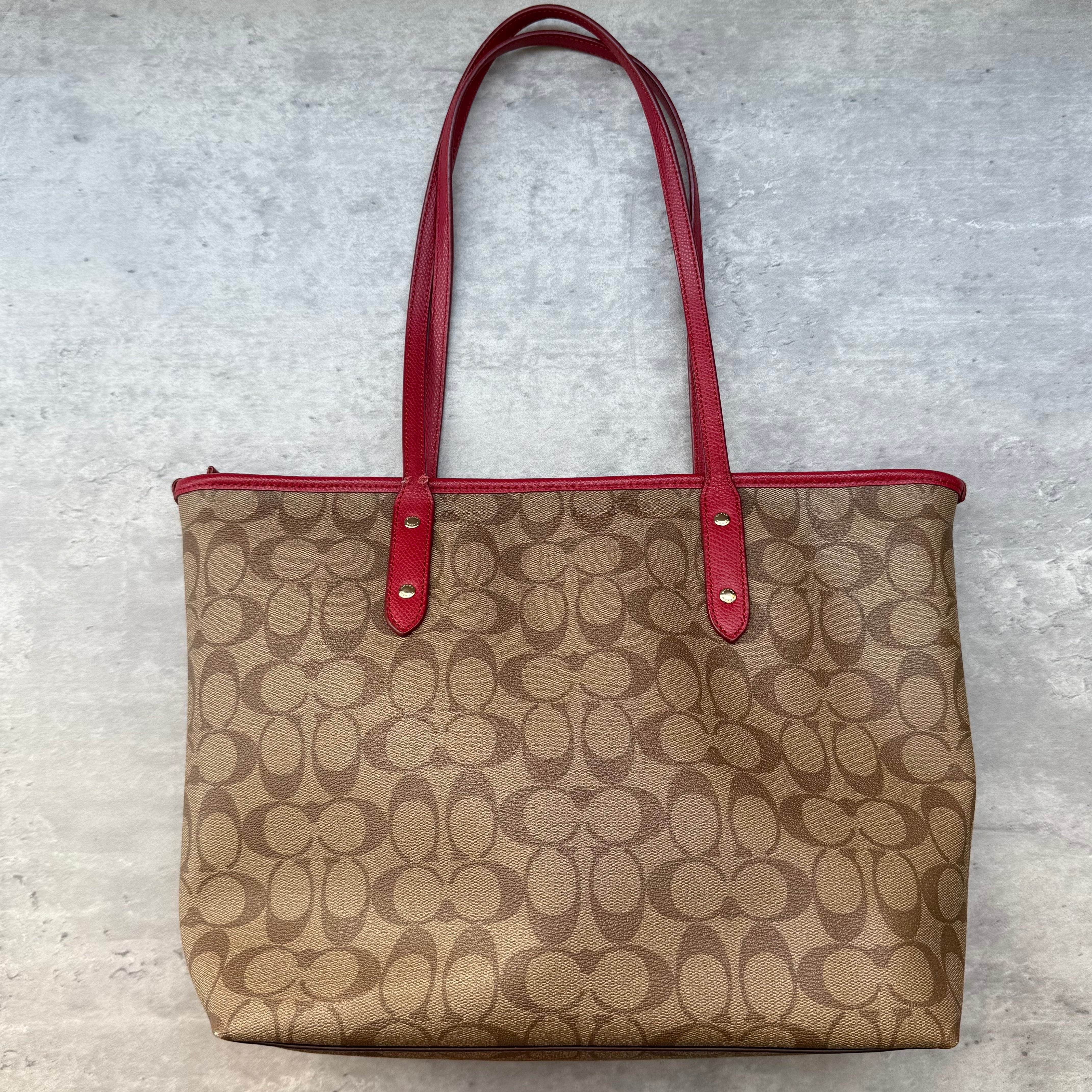 Coach Signature Canvas City Tote Bag Beige/Red
