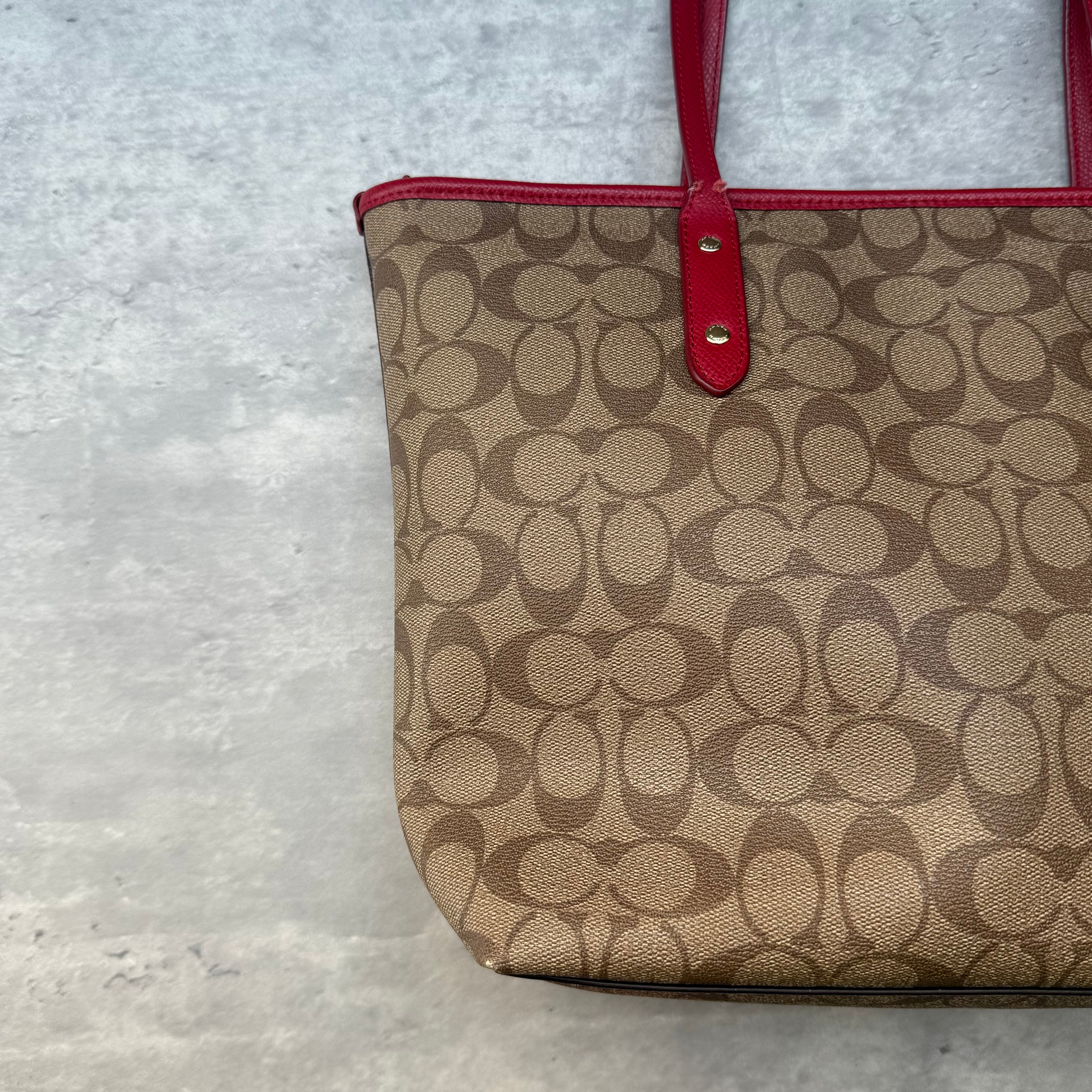 Coach Signature Canvas City Tote Bag Beige/Red