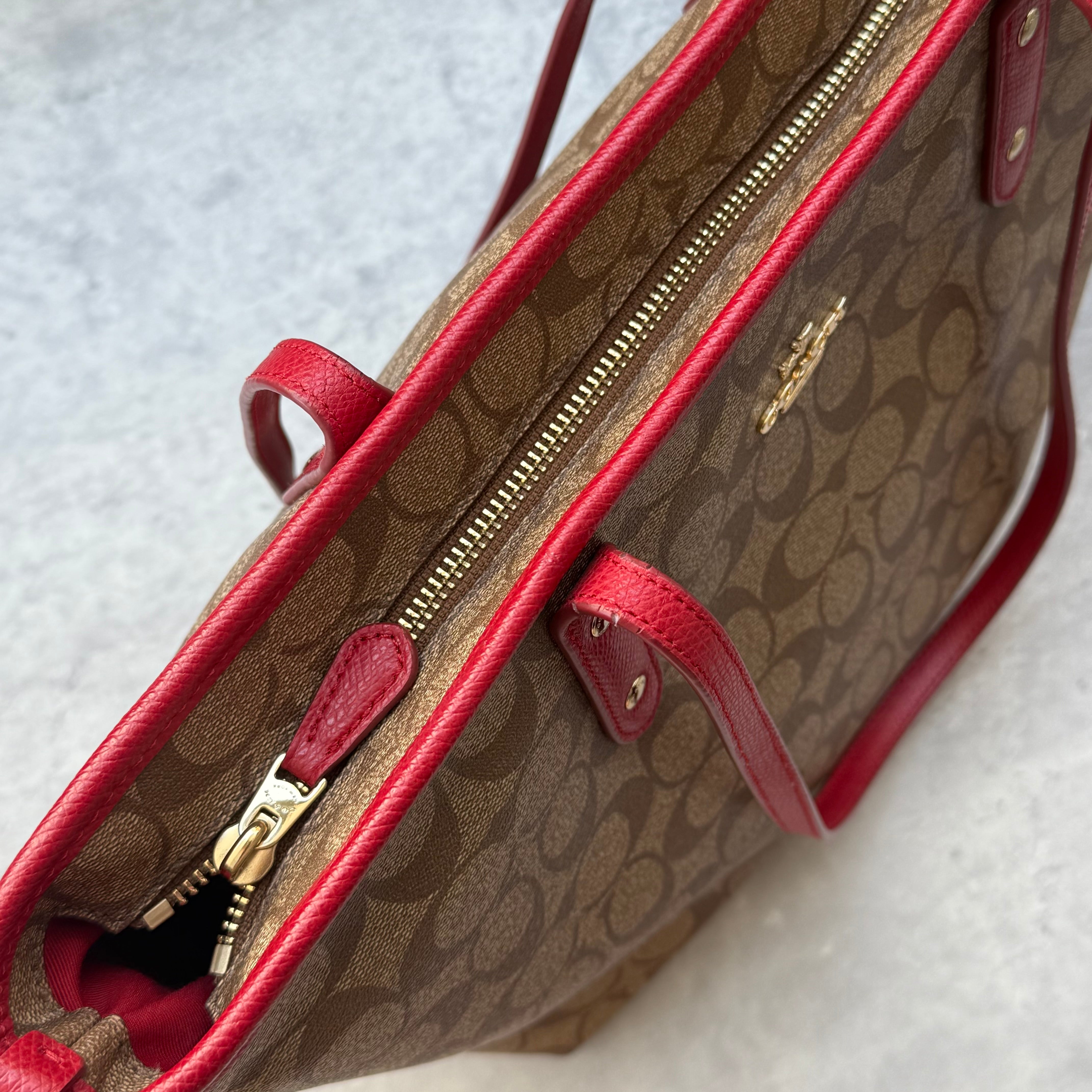 Coach Signature Canvas City Tote Bag Beige/Red