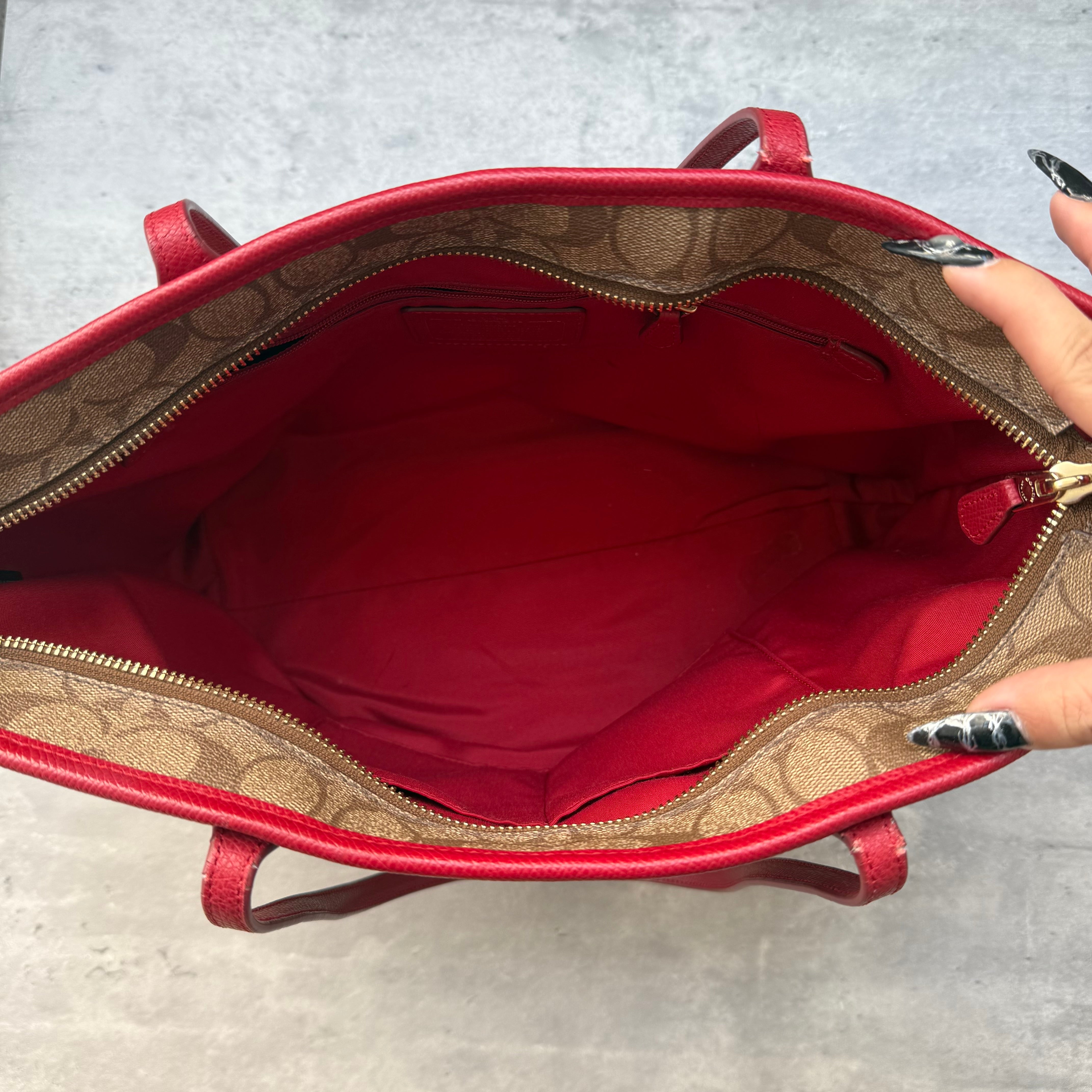 Coach Signature Canvas City Tote Bag Beige/Red