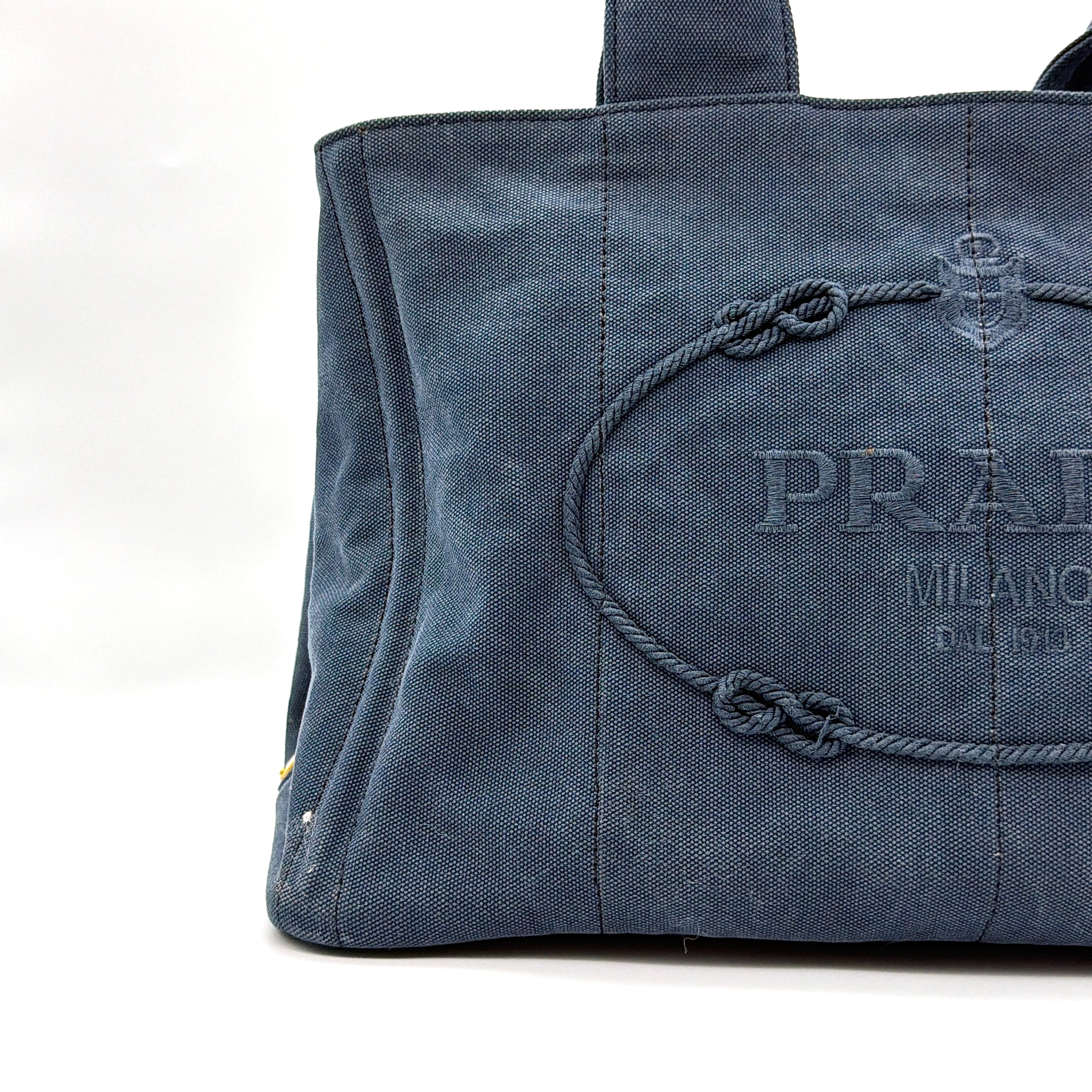 Prada Canapa Embroidered Logo Tote Bag Blue