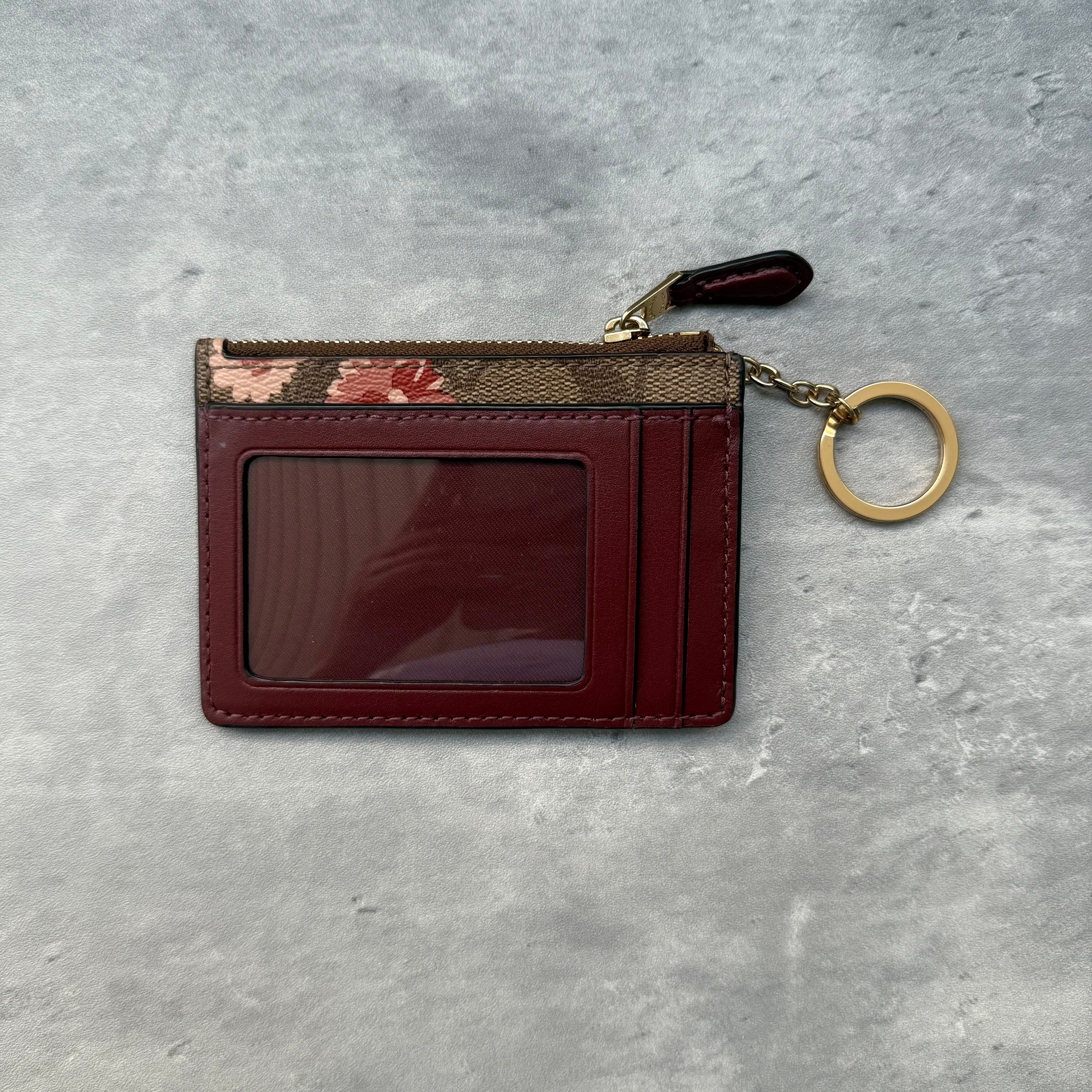 Coach Mini Skinny ID Peony Print Key Cardholder Beige