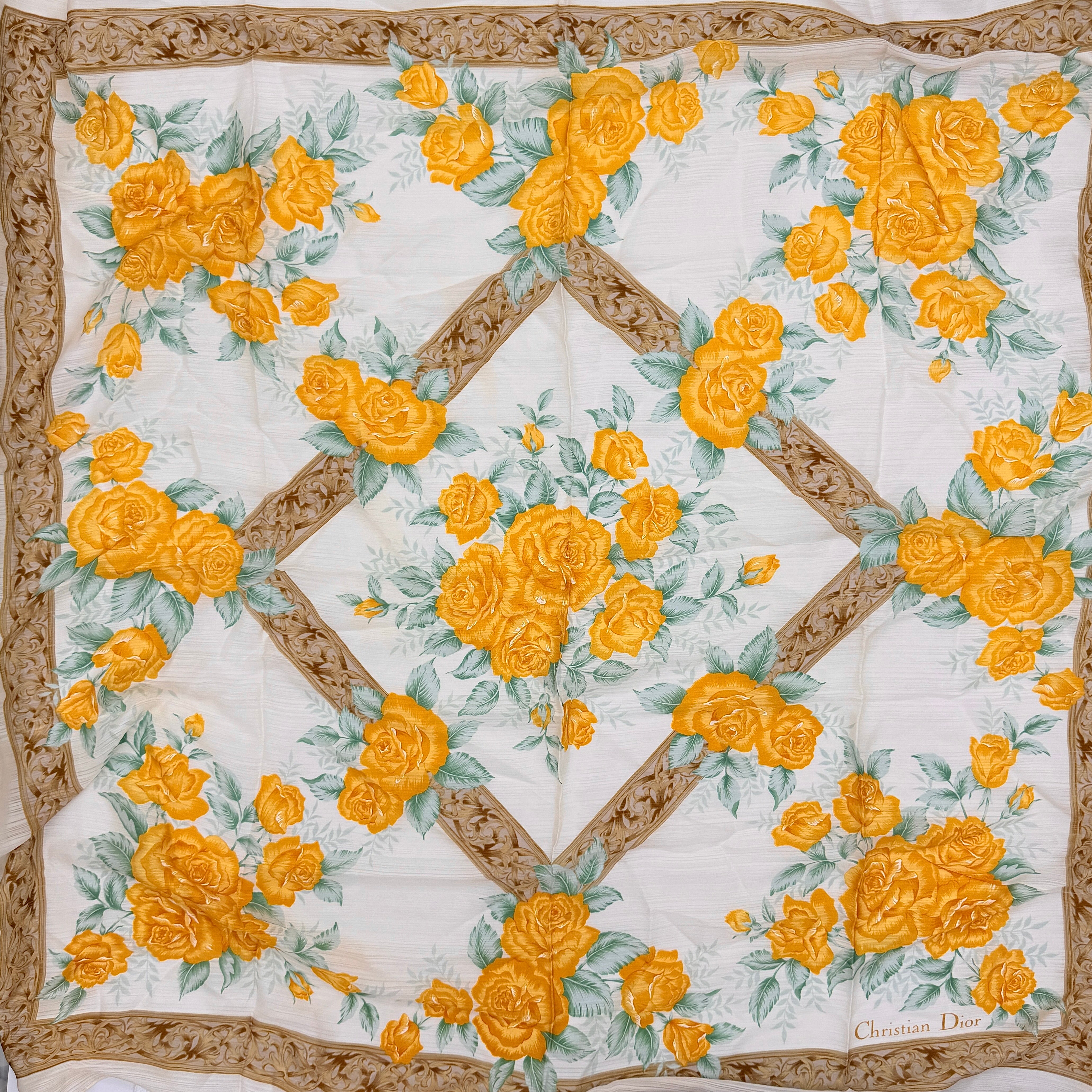Dior Rose Floral Silk Scarf Gold/Brown