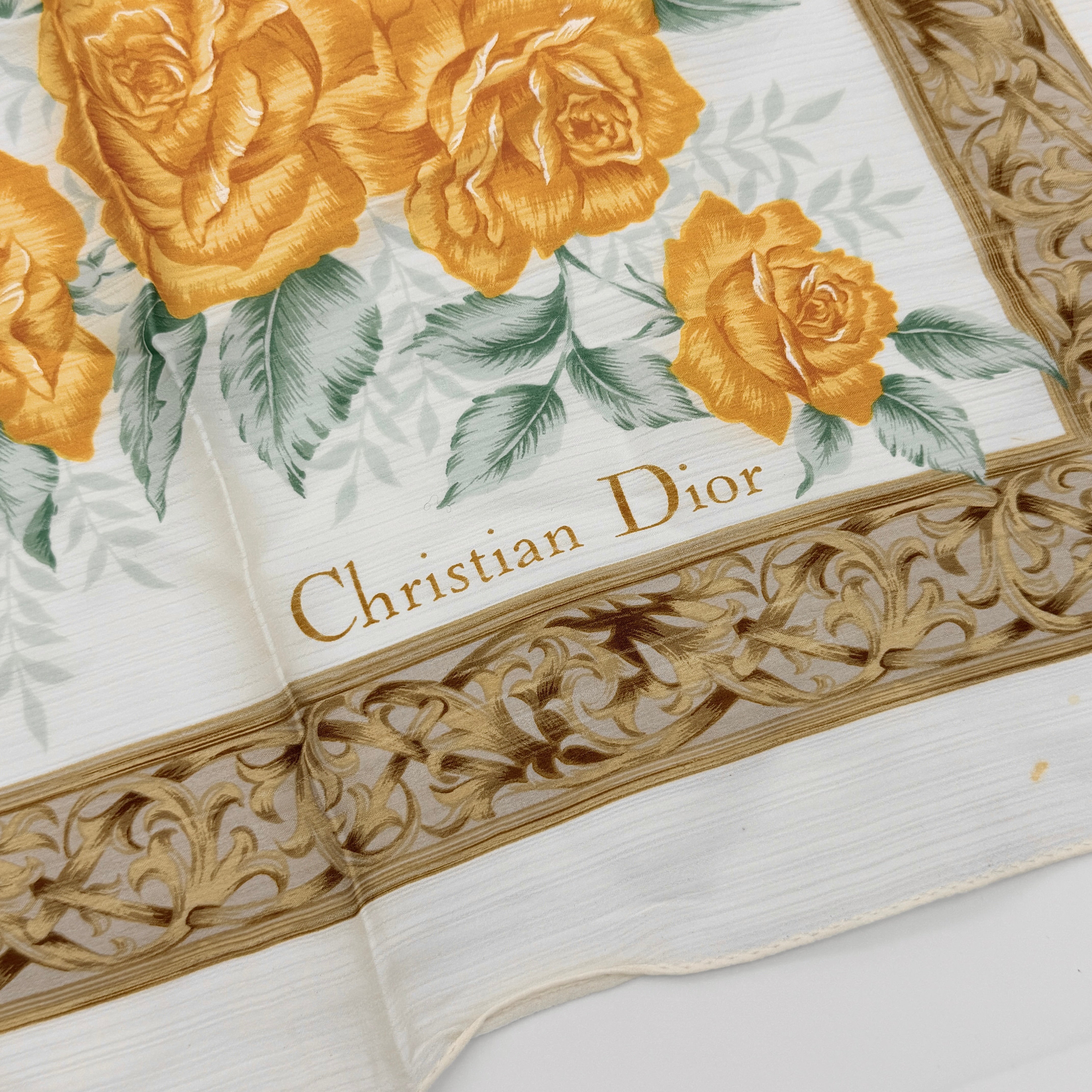 Dior Rose Floral Silk Scarf Gold/Brown