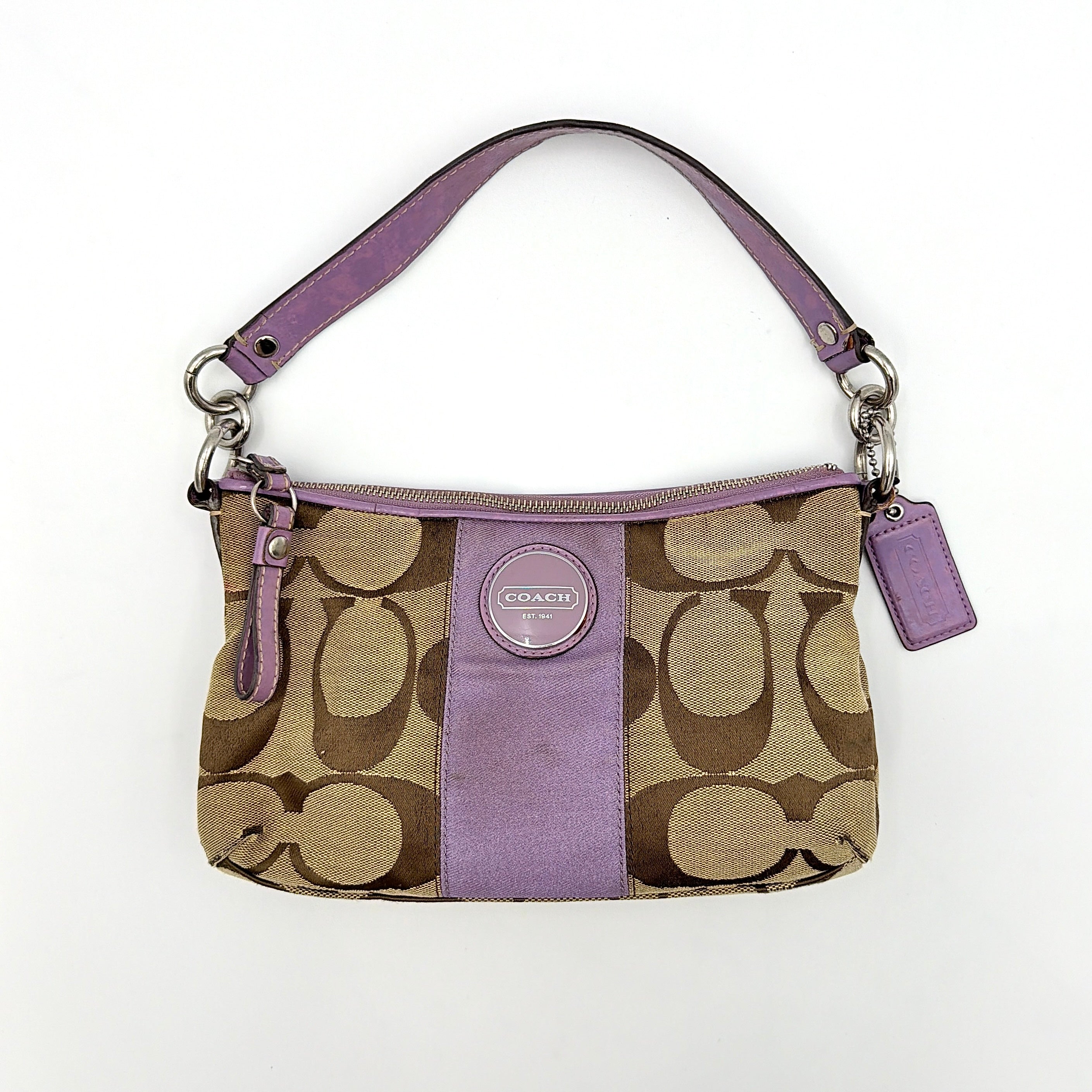 Coach 2Way Signature Shoulder Bag in beige jacquard with purple leather accents and silver hardware, shown with both short handle and detachable long strap.