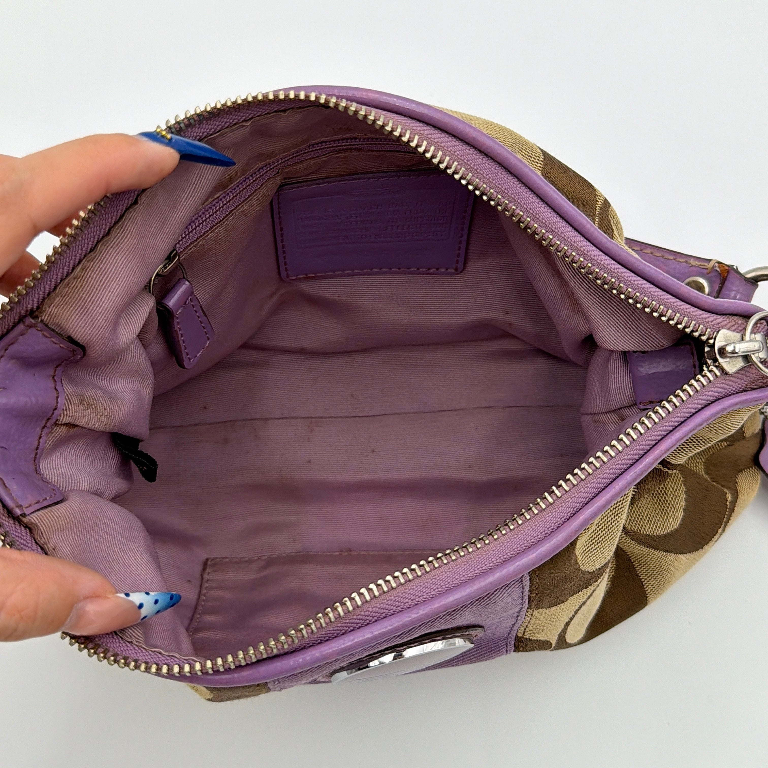 Coach 2Way Signature Shoulder Bag in beige jacquard with purple leather accents and silver hardware, shown with both short handle and detachable long strap.