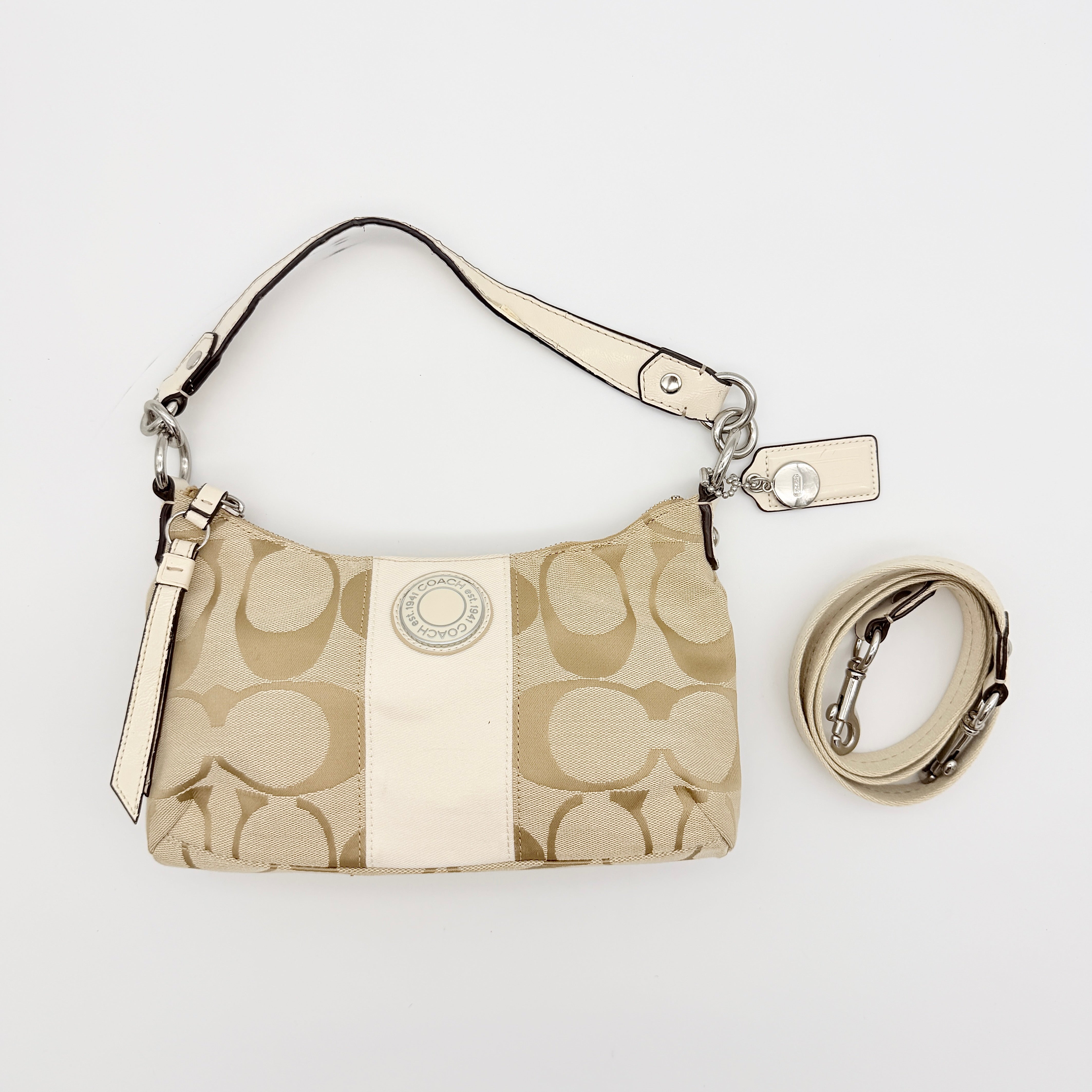 Coach 2Way Signature Stripe Shoulder Bag Beige/White