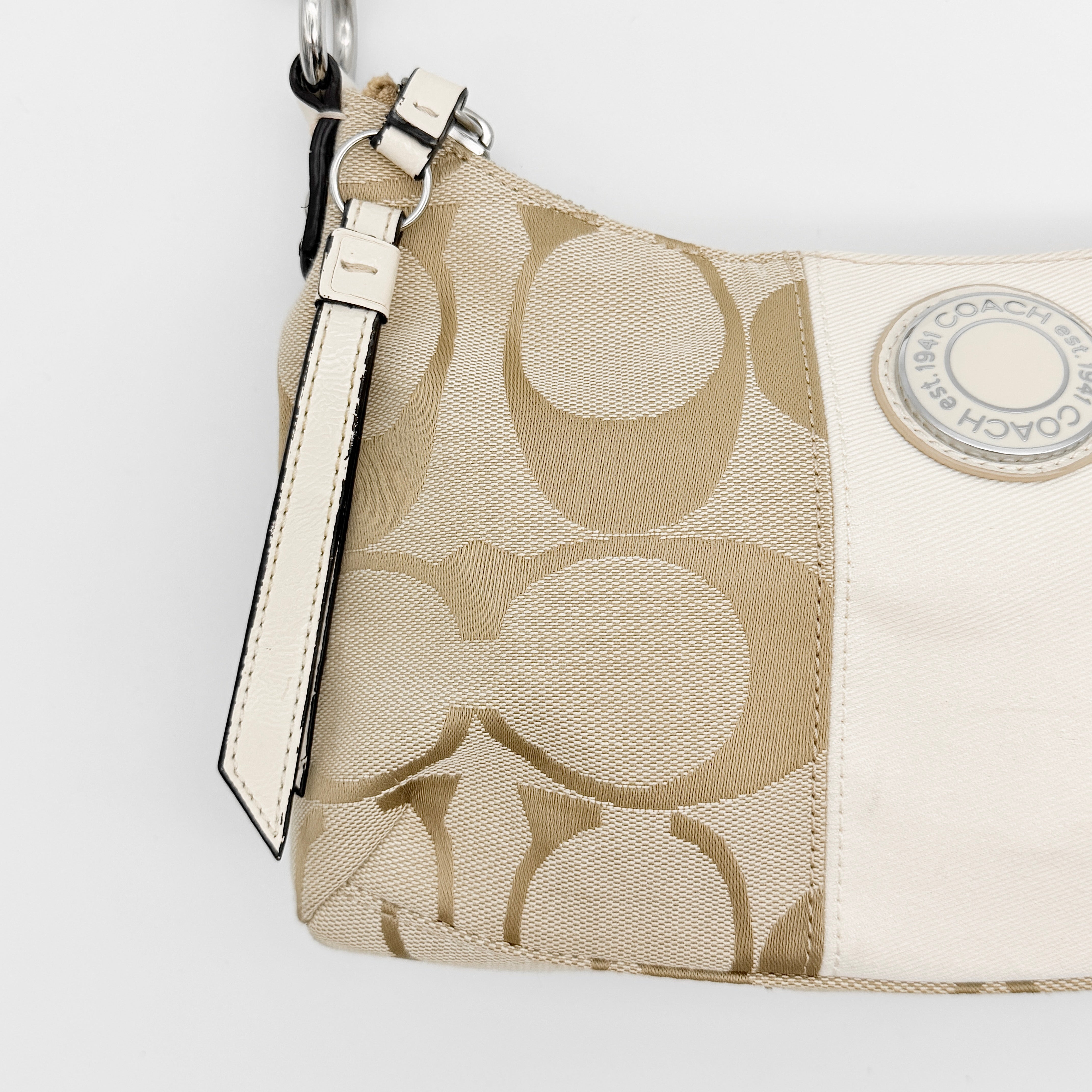 Coach 2Way Signature Stripe Shoulder Bag Beige/White