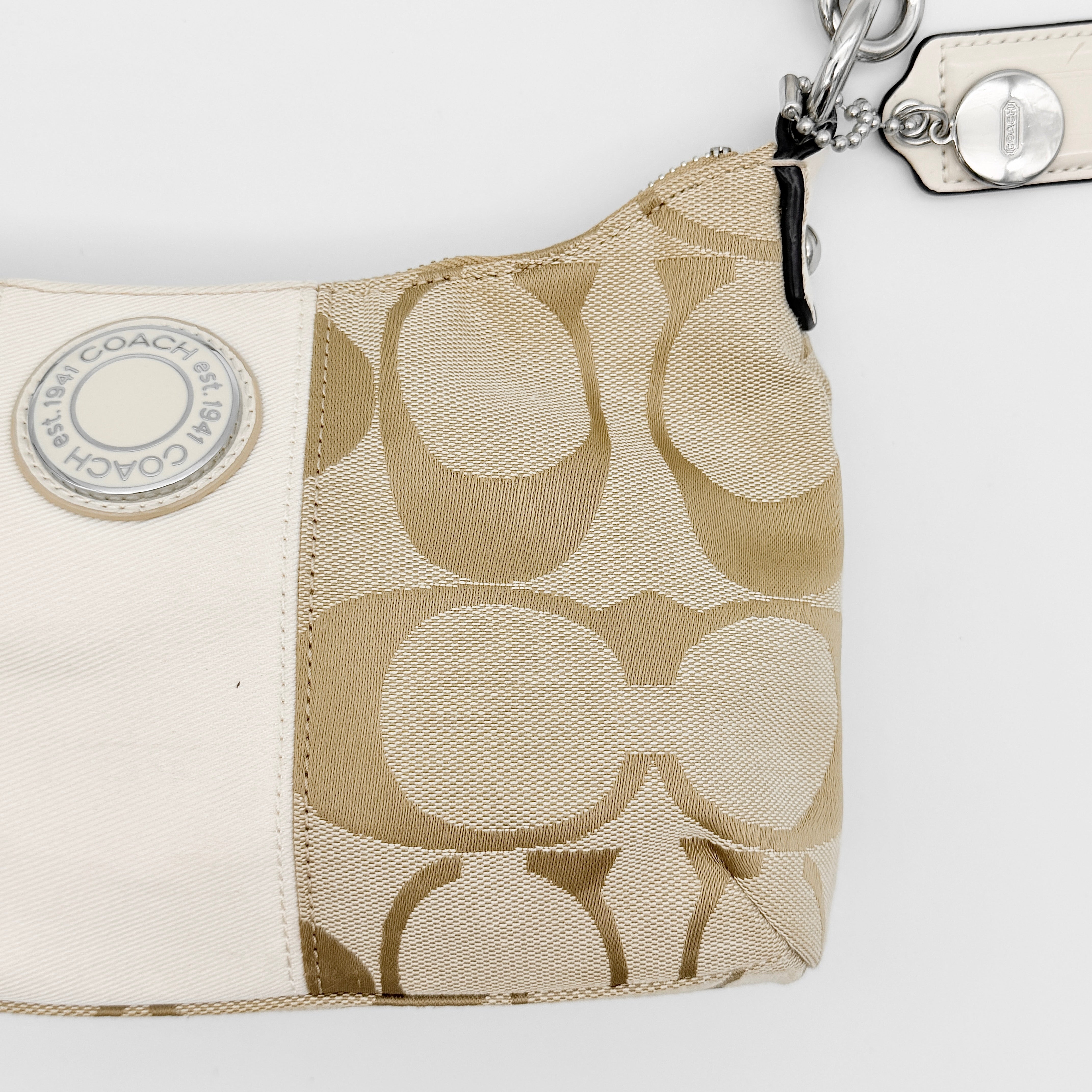 Coach 2Way Signature Stripe Shoulder Bag Beige/White