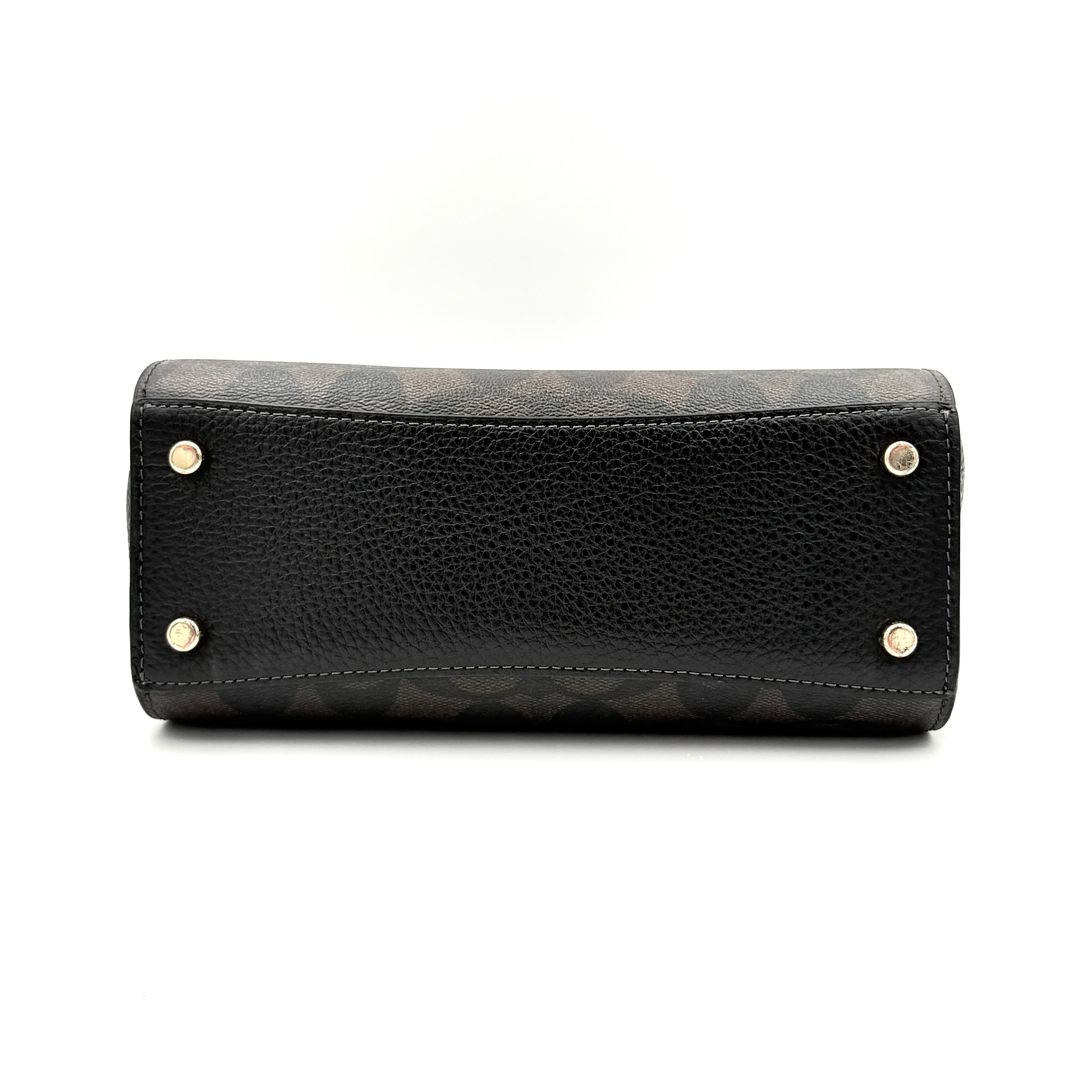 Coach Morgan Top Handle Bag in brown and black signature canvas with pebbled leather, gold hardware and detachable strap displayed alongside a Coach dustbag.