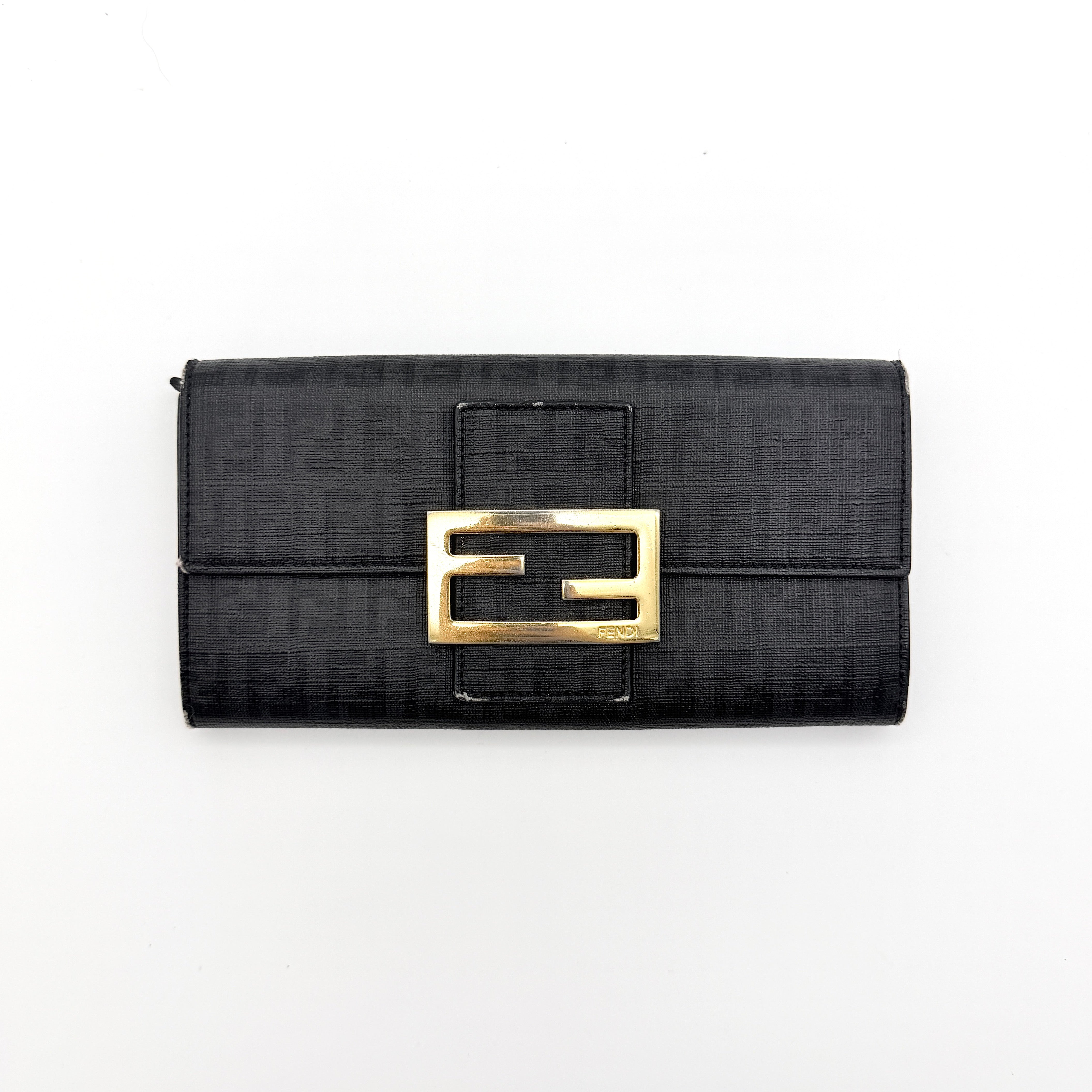 Fendi FF Zucchino Logo Long Flap Wallet Black