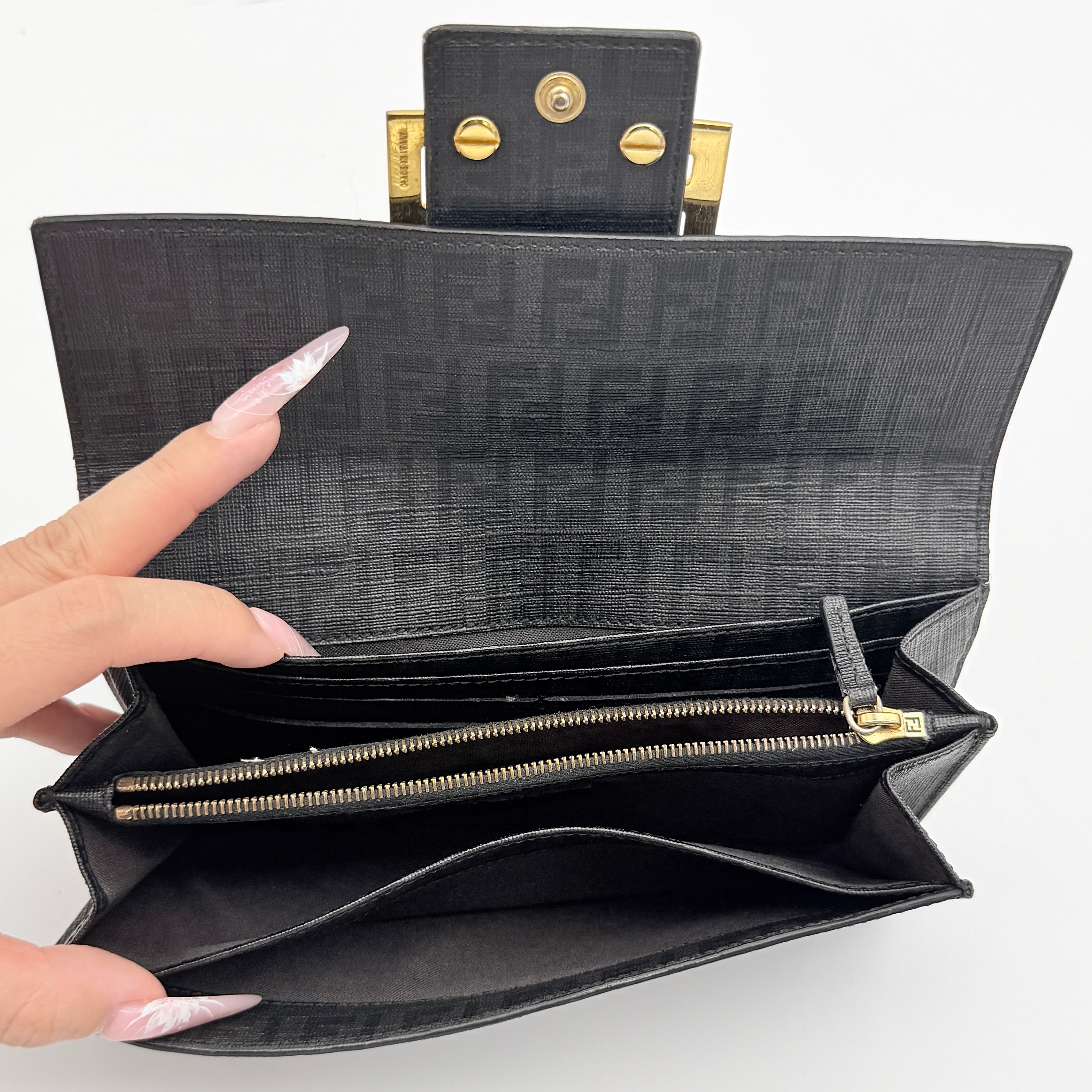 Fendi FF Zucchino Logo Long Flap Wallet Black