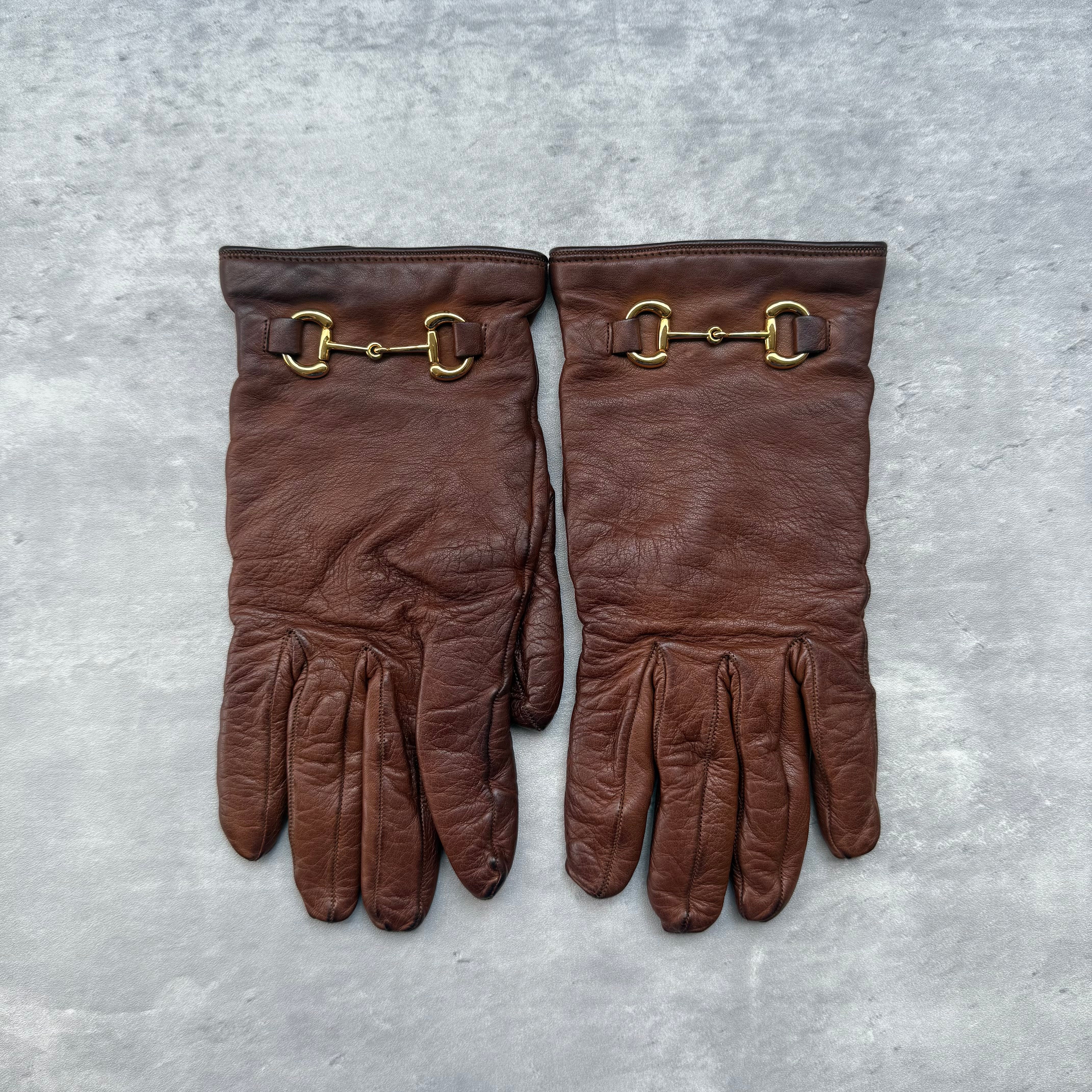 Gucci Vintage Horsebit Leather Gloves Brown