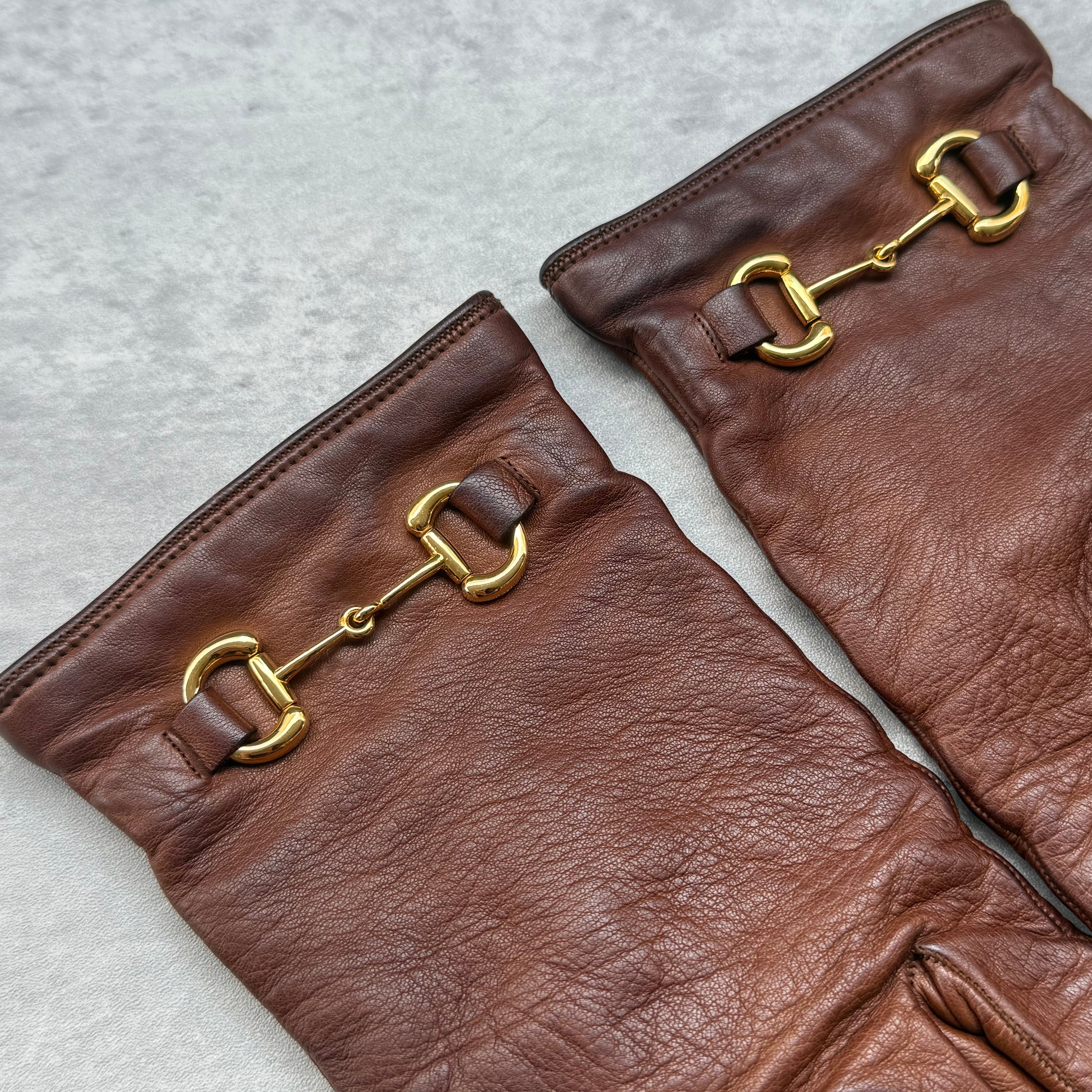 Gucci Vintage Horsebit Leather Gloves Brown