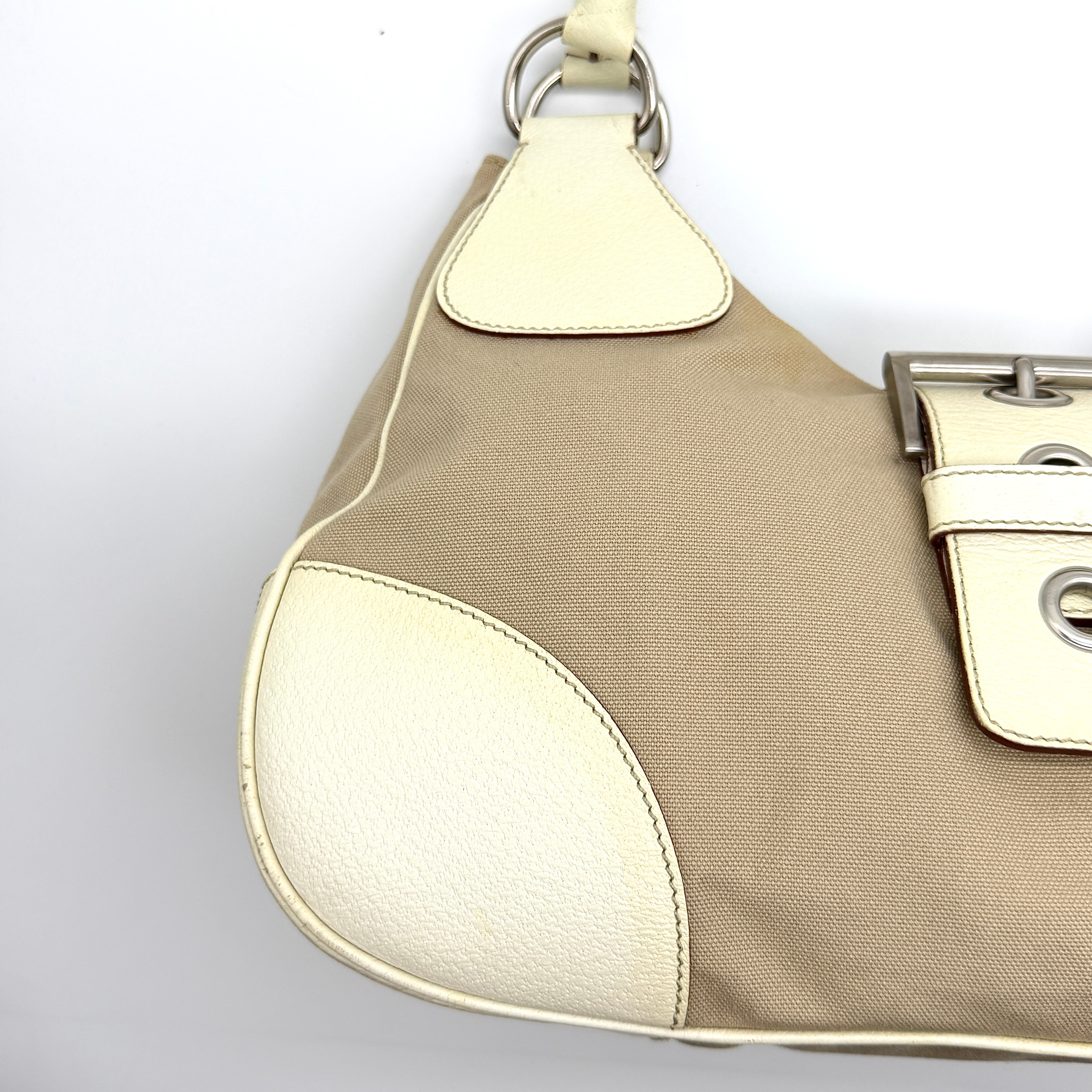 Prada Enamelled Moon Shoulder Bag Beige/Cream