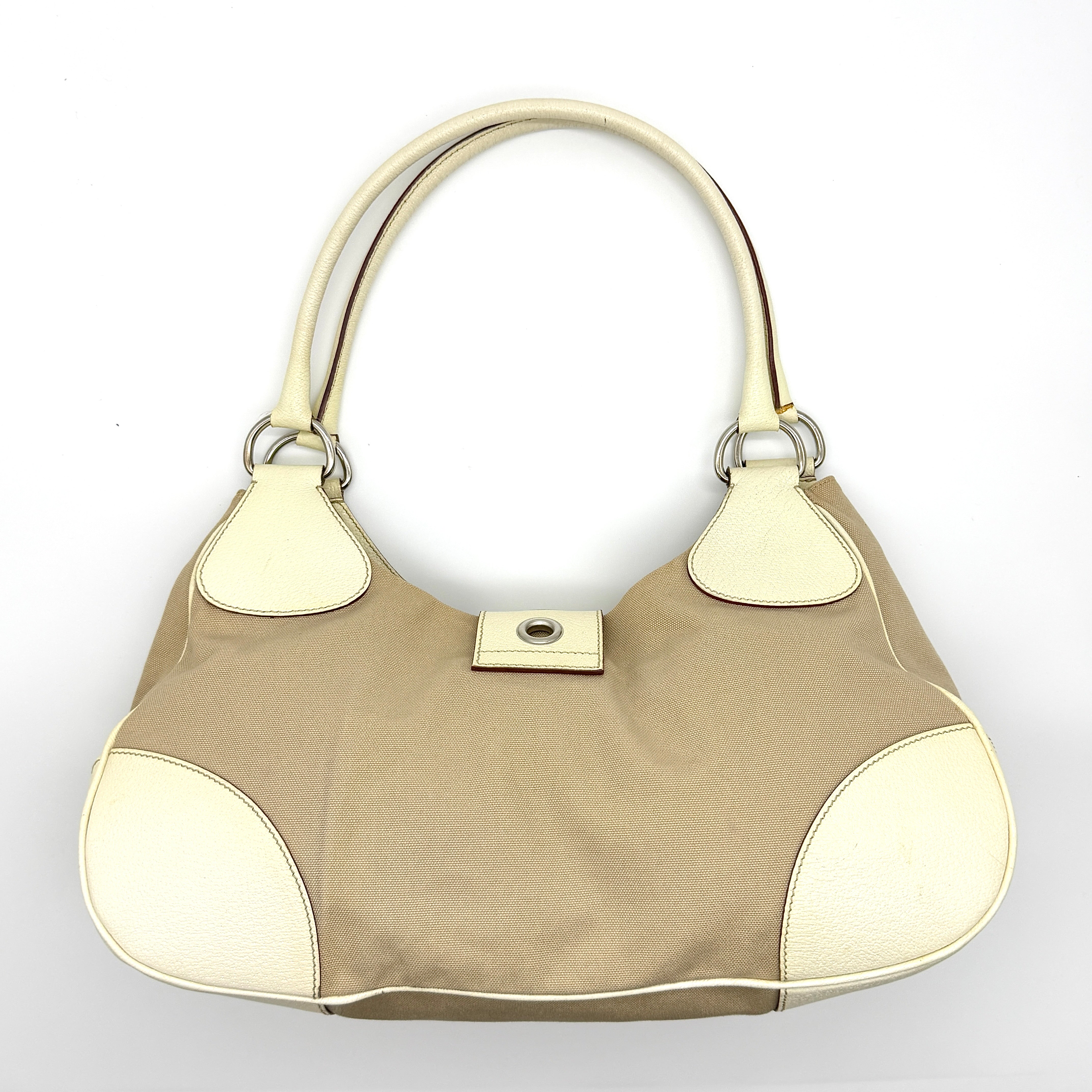 Prada Enamelled Moon Shoulder Bag Beige/Cream