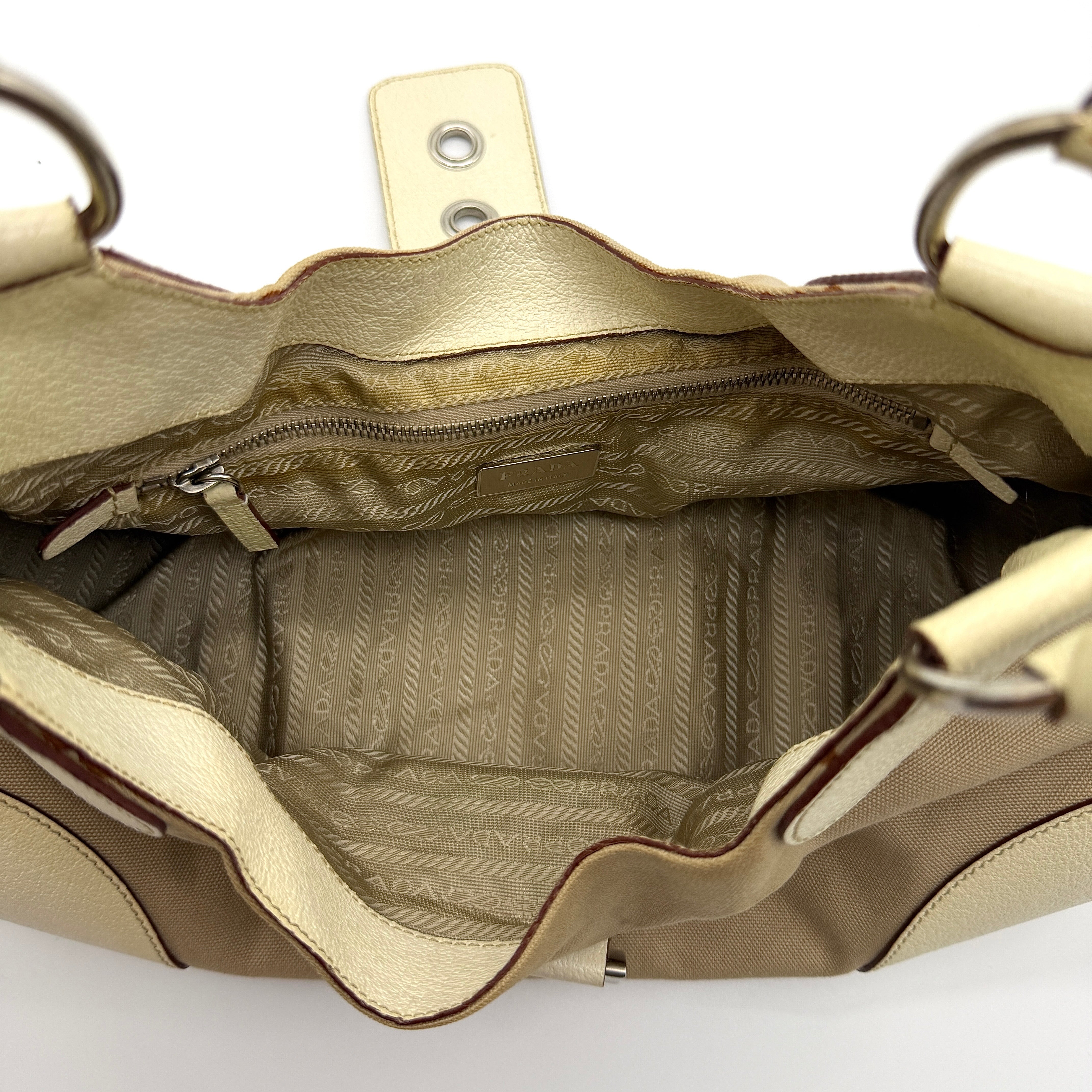 Prada Enamelled Moon Shoulder Bag Beige/Cream