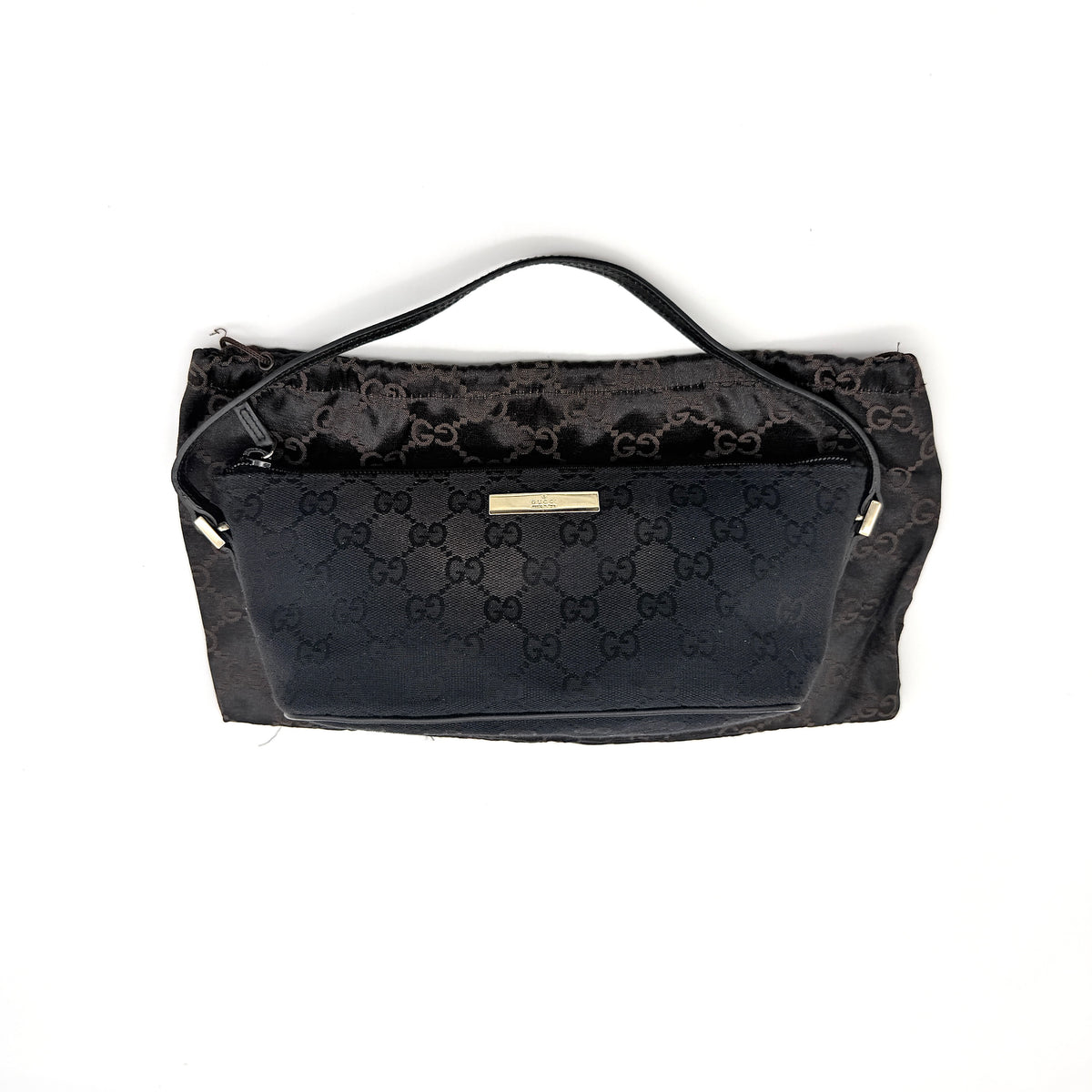 Gucci GG Monogram Pochette Boat Shoulder Bag in black GG jacquard with gold-tone hardware and black leather trim displayed with dust bag.