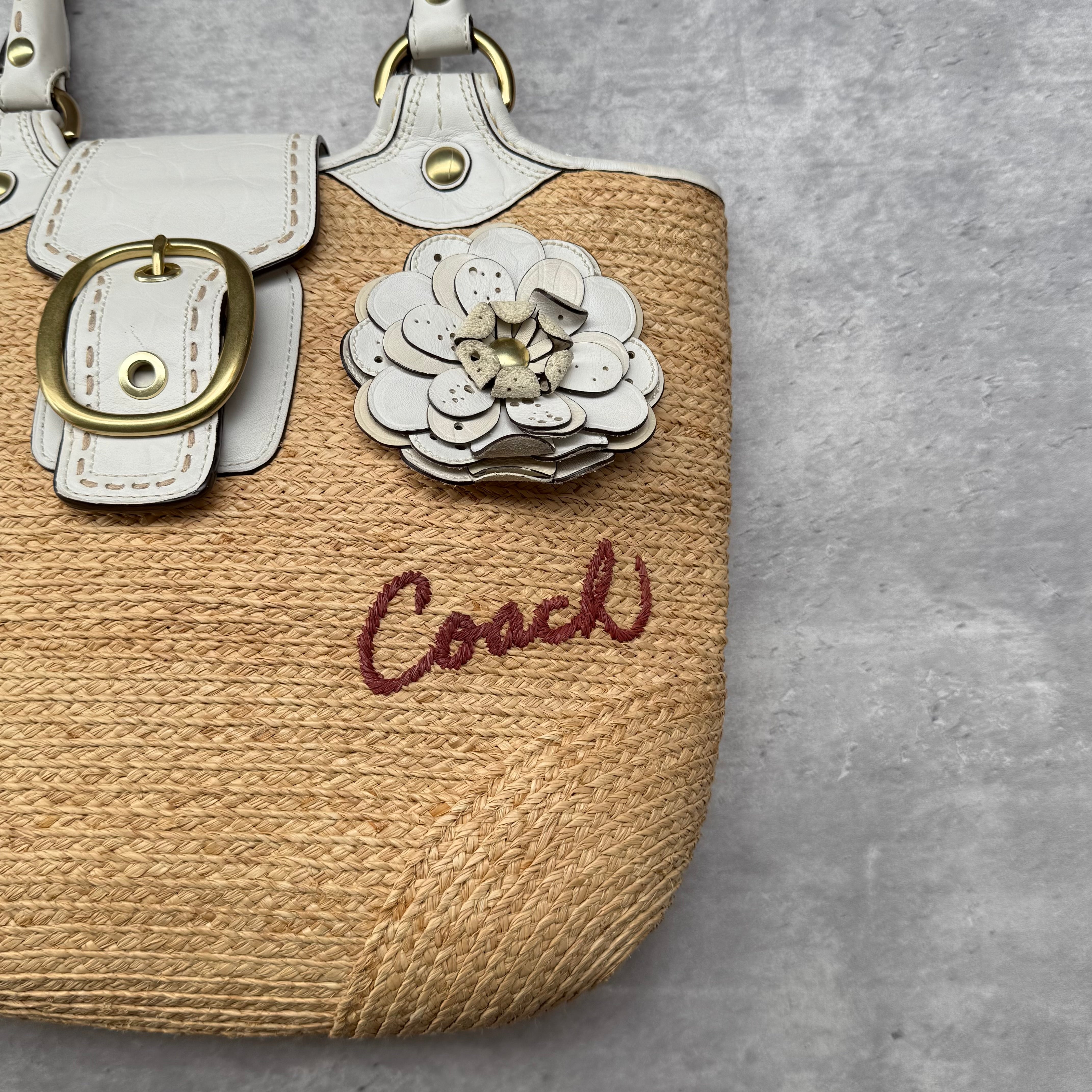 Coach Bleecker Straw Tote Bag Tan/White