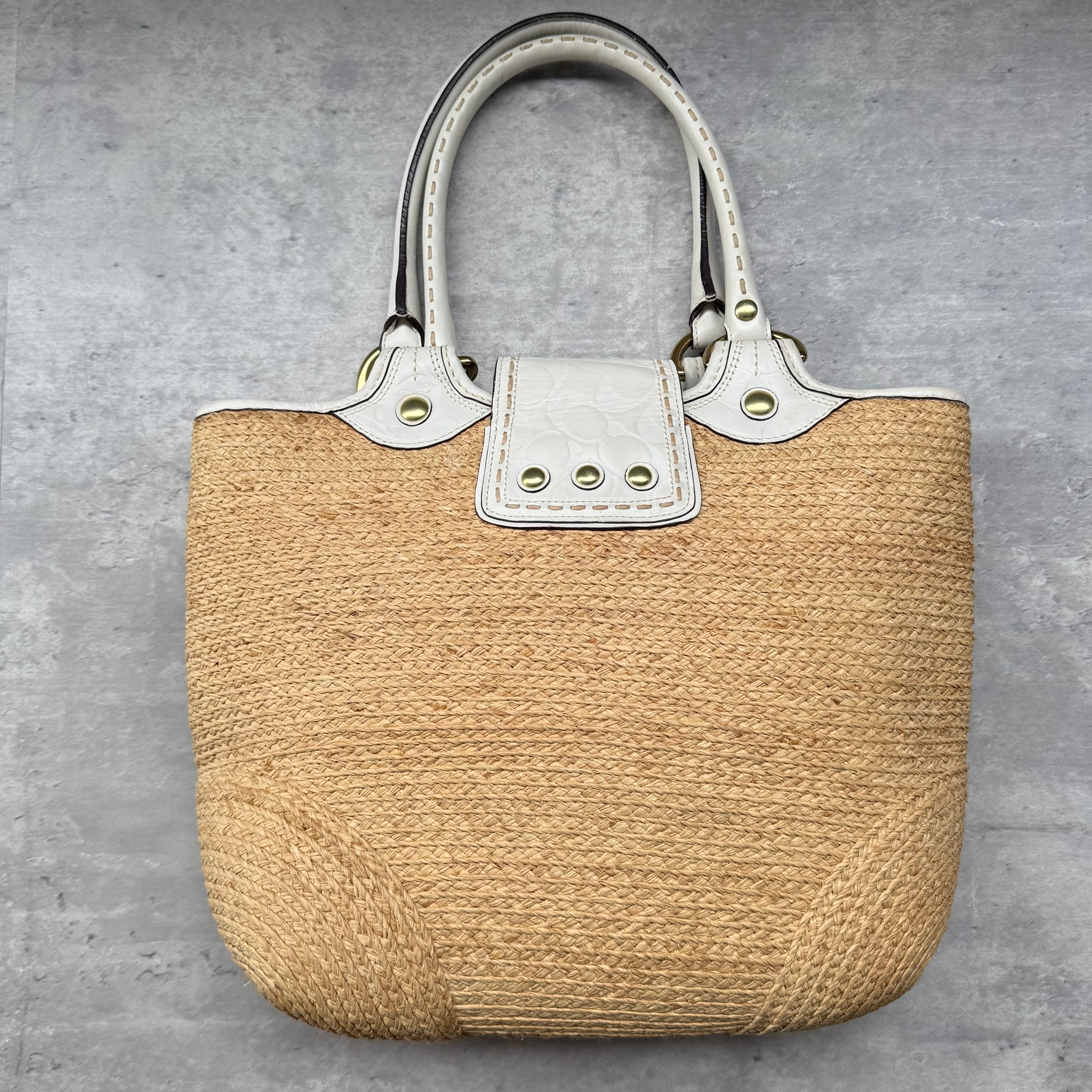 Coach Bleecker Straw Tote Bag Tan/White