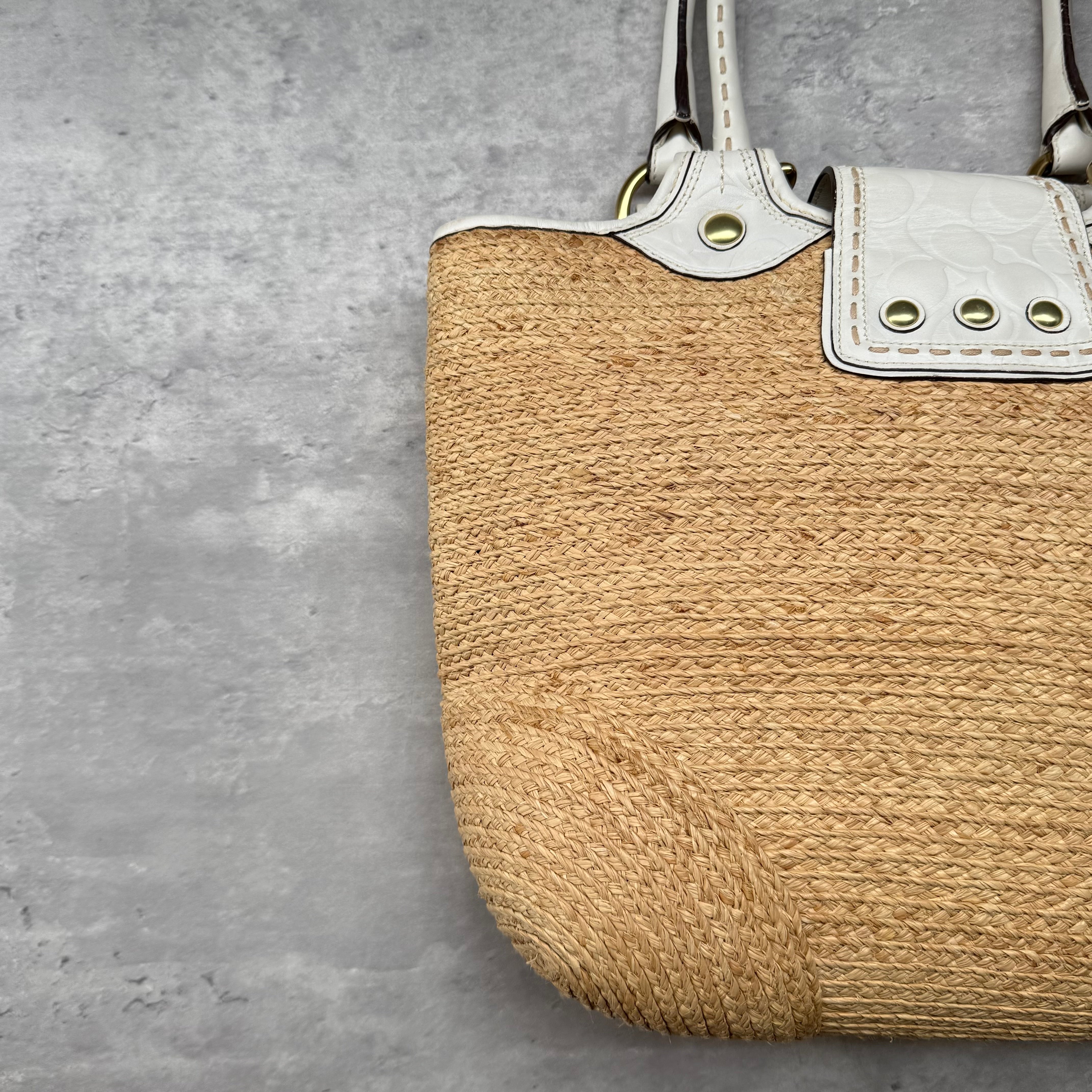 Coach Bleecker Straw Tote Bag Tan/White