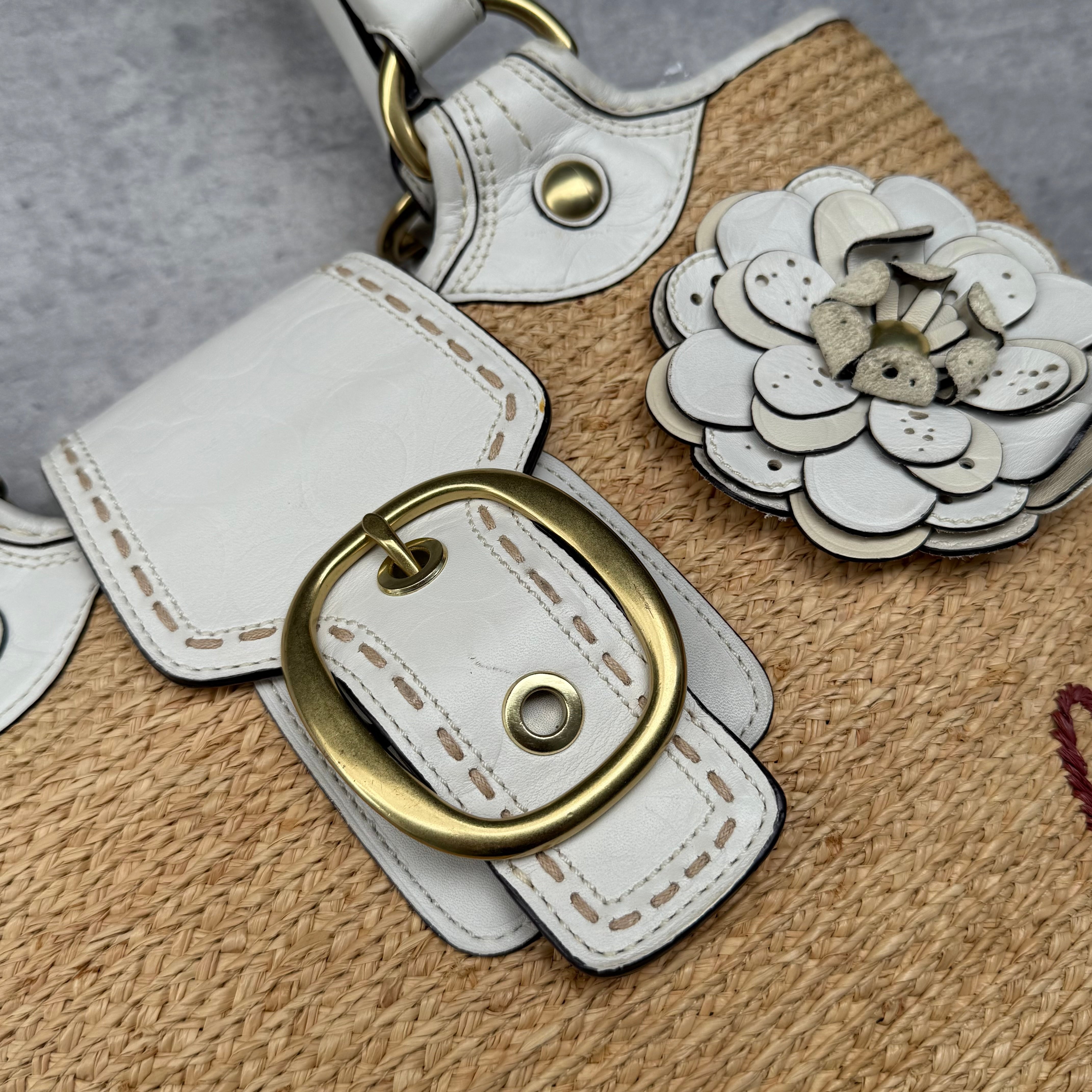 Coach Bleecker Straw Tote Bag Tan/White