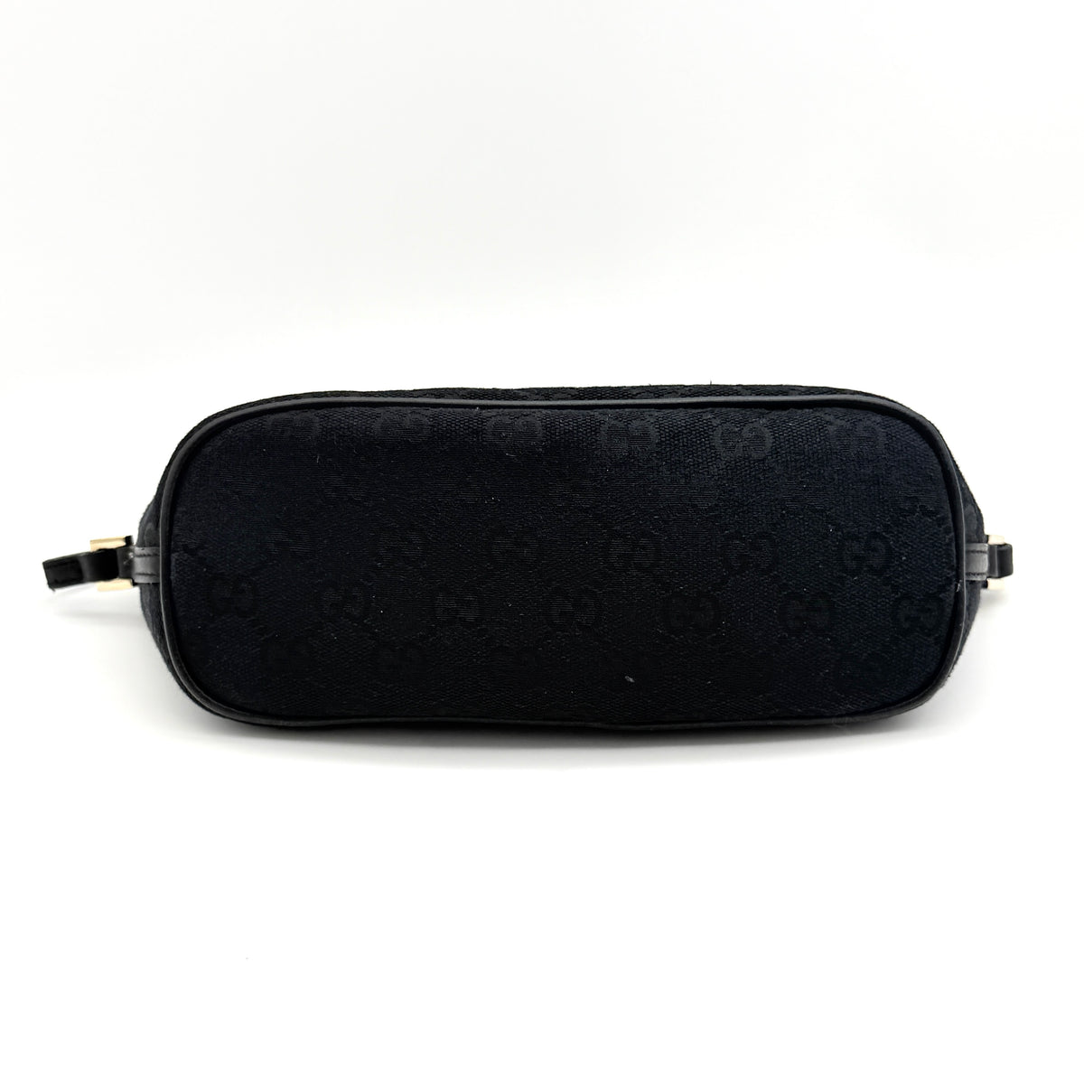 Gucci GG Monogram Pochette Boat Shoulder Bag in black GG jacquard with gold-tone hardware and black leather trim displayed with dust bag.