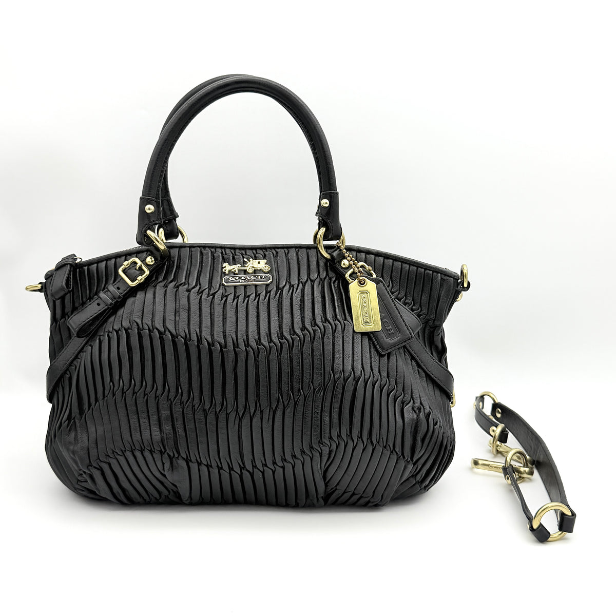 Coach Sophia Madison Pleated Shoulder Bag in black leather with gold hardware and detachable strap.