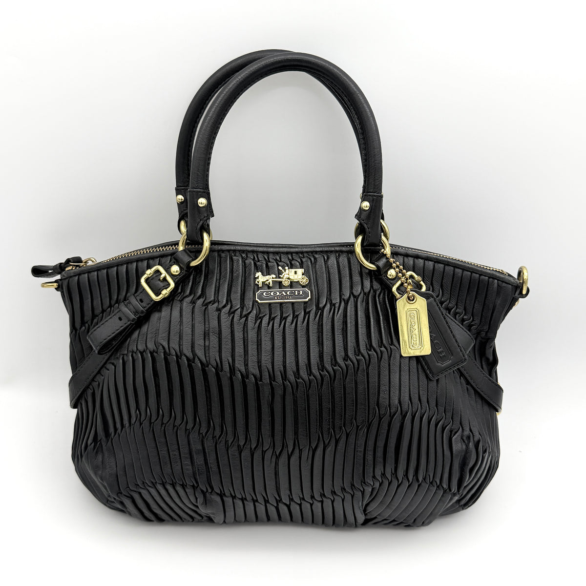 Coach Sophia Madison Pleated Shoulder Bag in black leather with gold hardware and detachable strap.