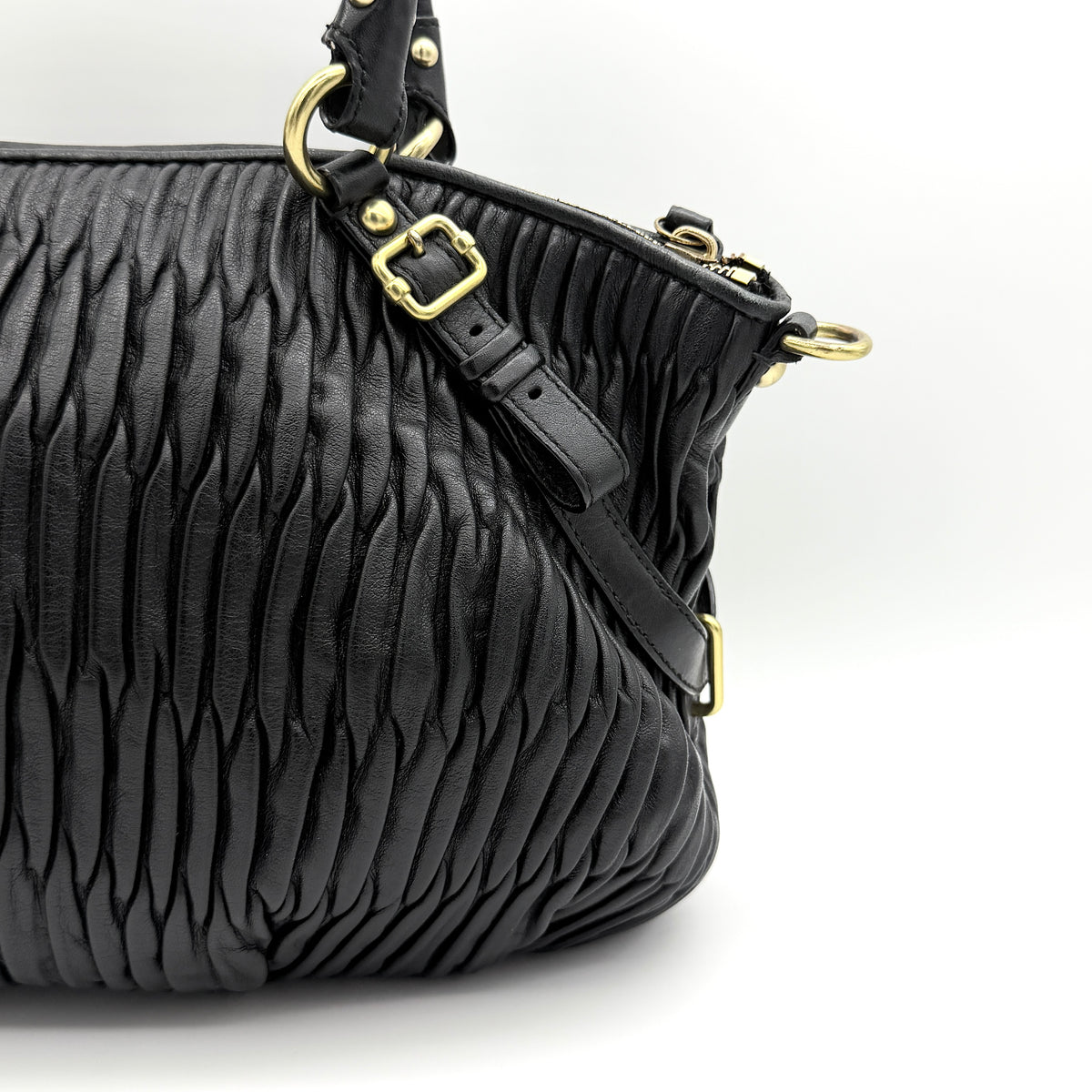 Coach Sophia Madison Pleated Shoulder Bag in black leather with gold hardware and detachable strap.