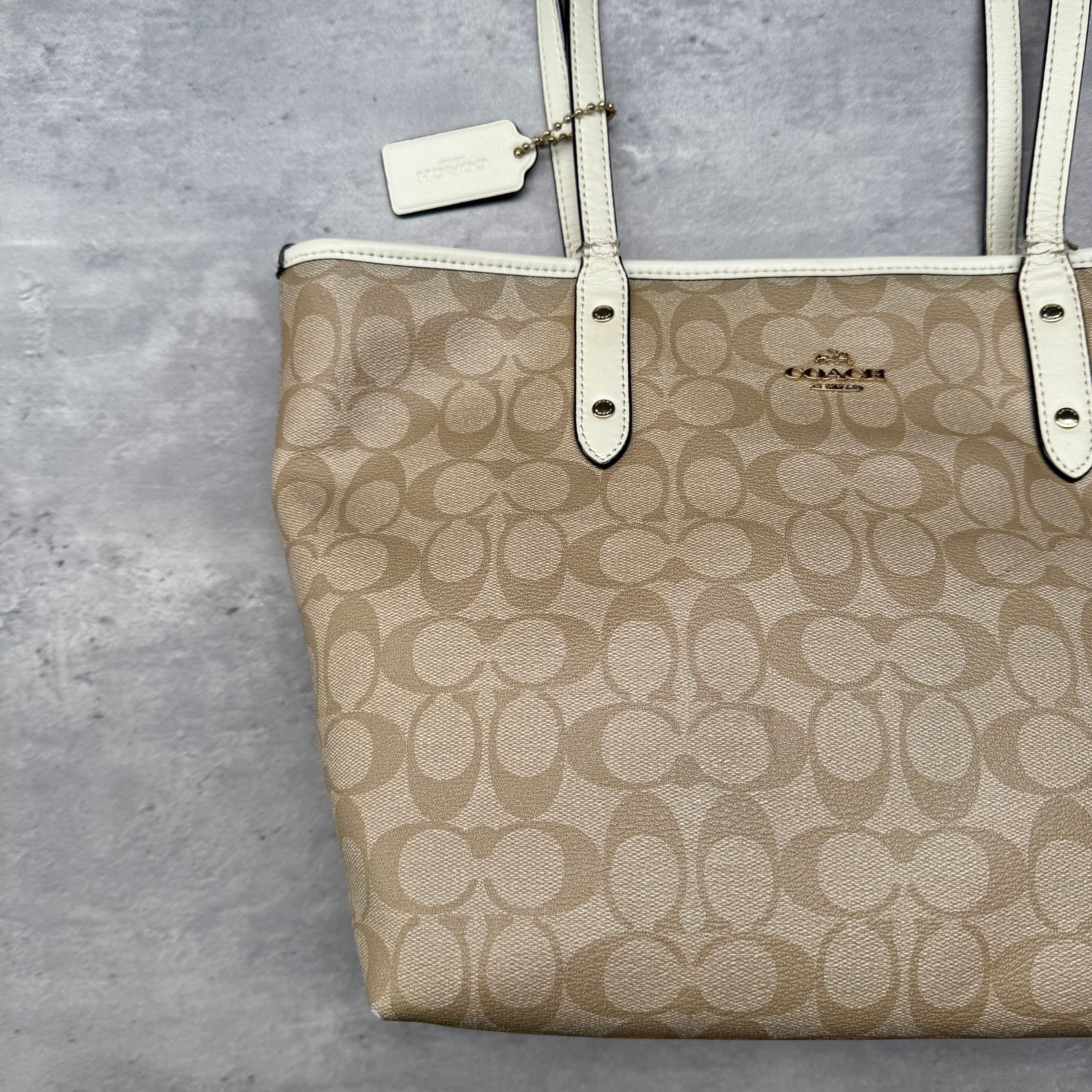 Coach Signature Canvas City Tote Bag Beige/White