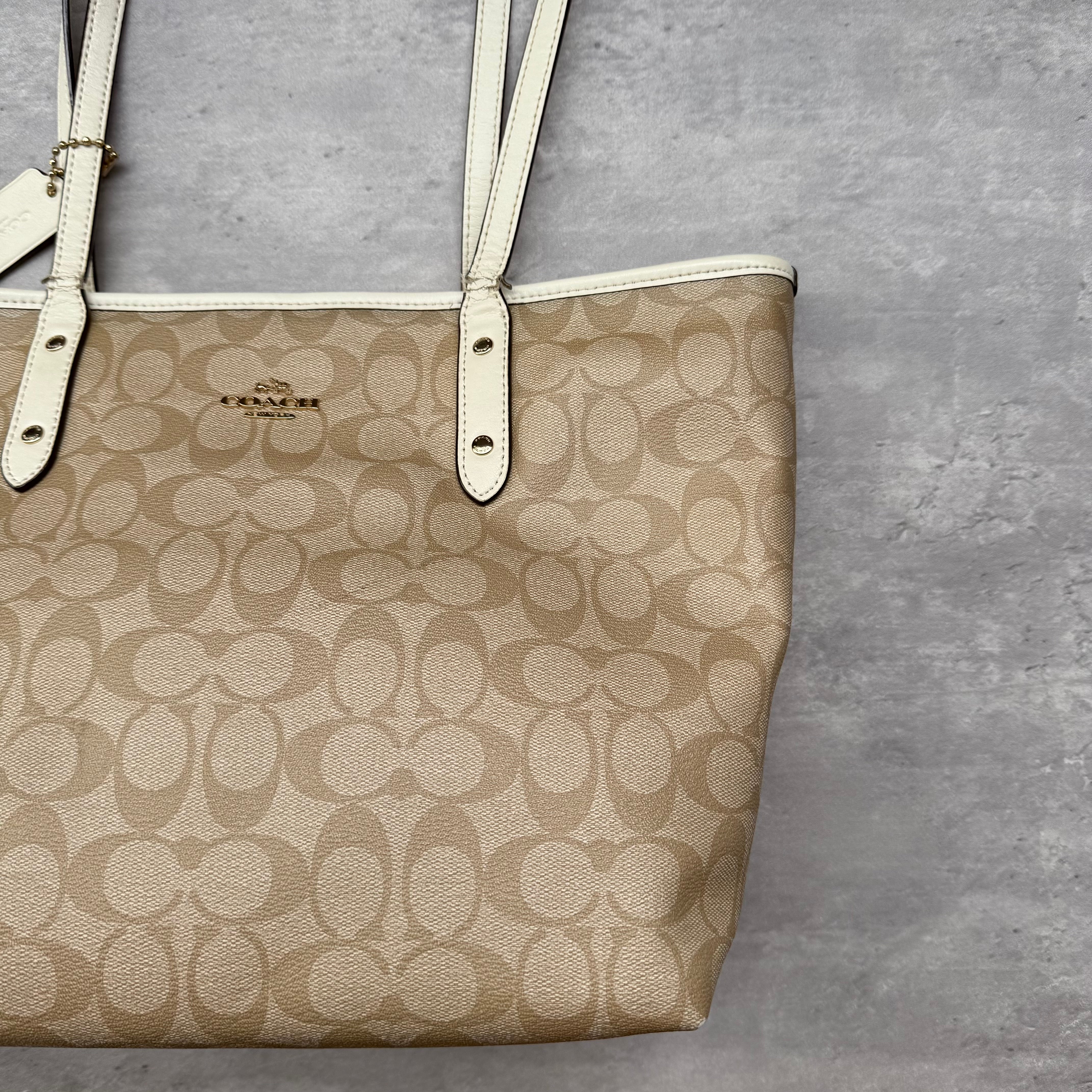Coach Signature Canvas City Tote Bag Beige/White