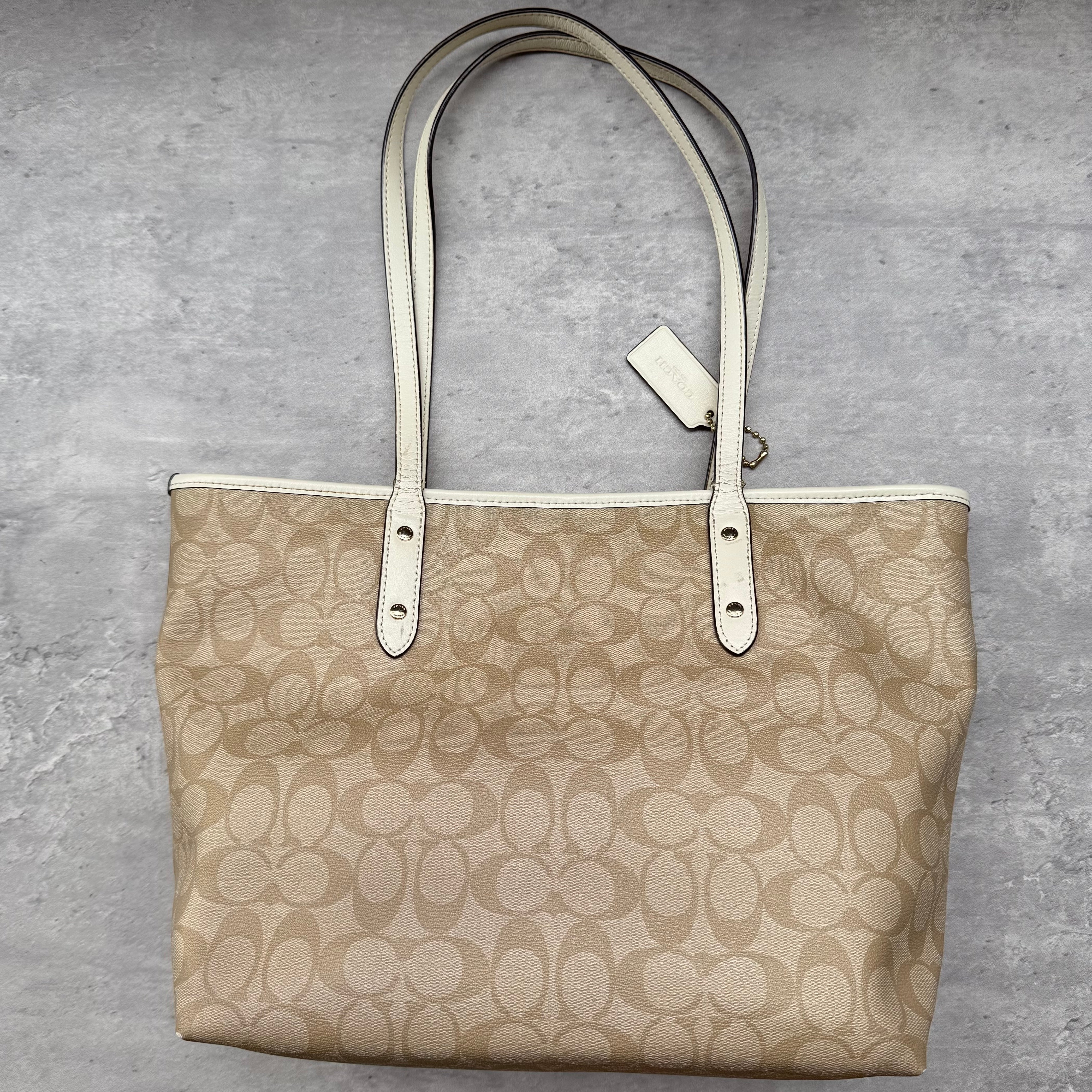 Coach Signature Canvas City Tote Bag Beige/White