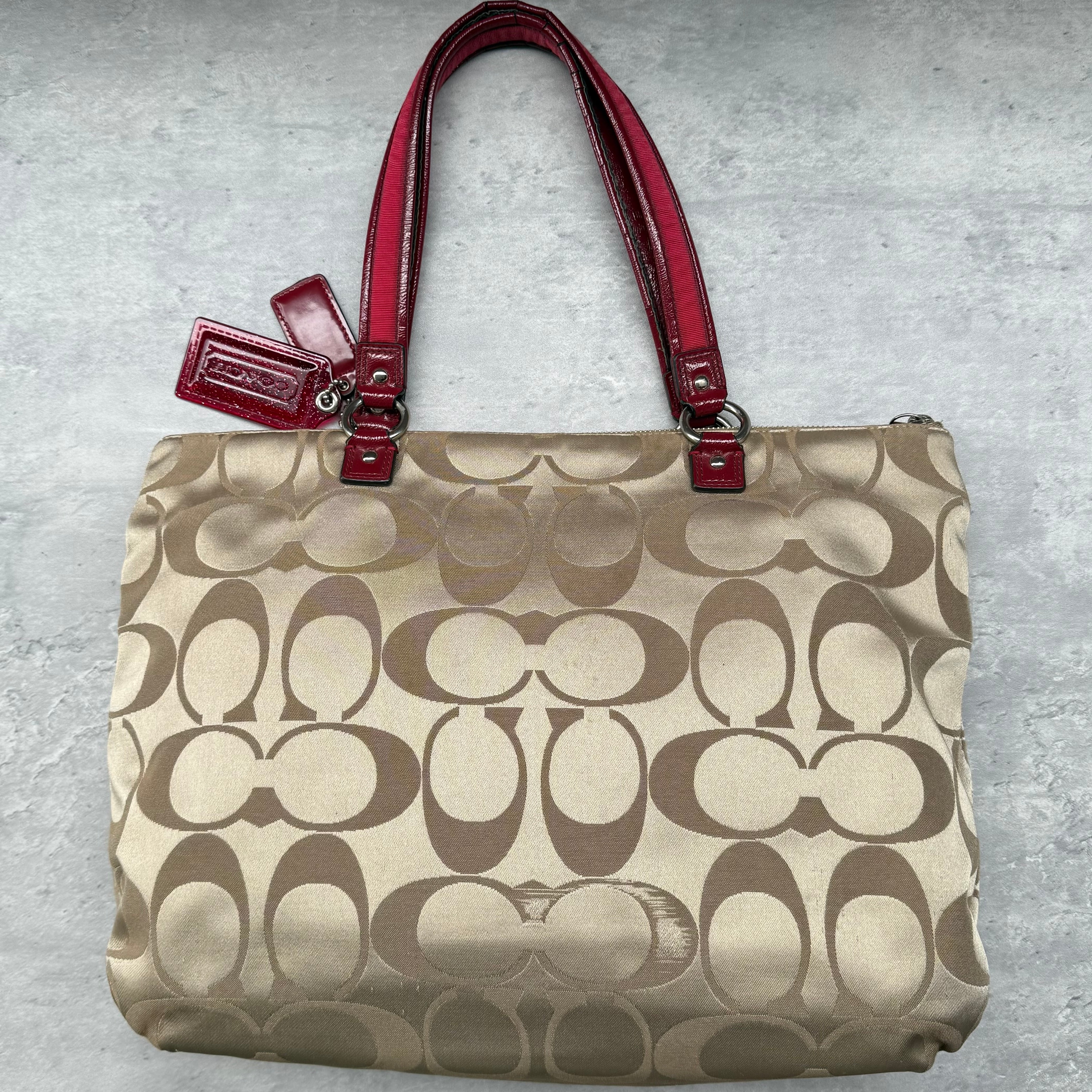 Coach Signature Poppy Daisy Tote Bag Beige/Red