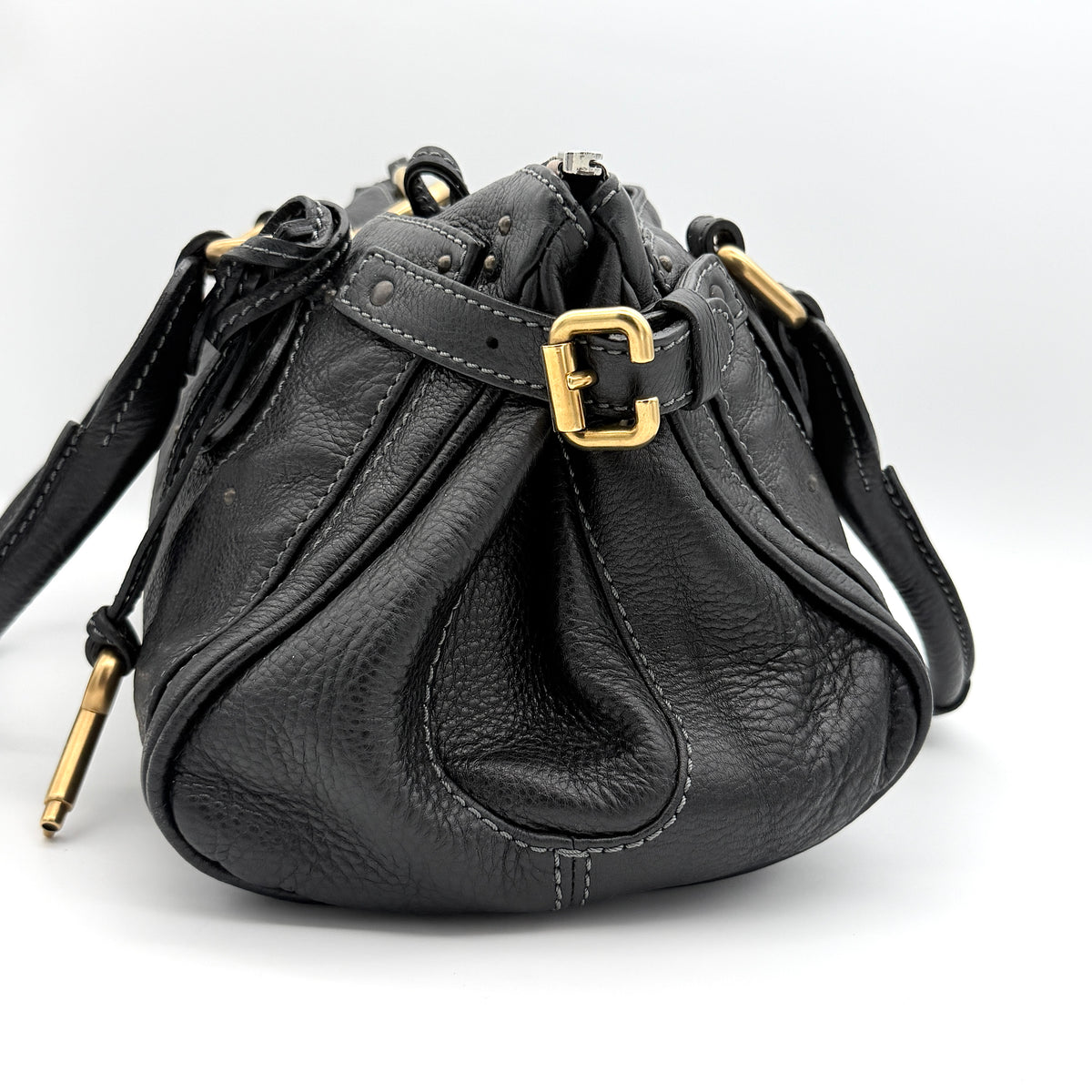 Front view of the Chloe Paddington Shoulder Bag in black leather with gold-tone hardware and signature padlock.
