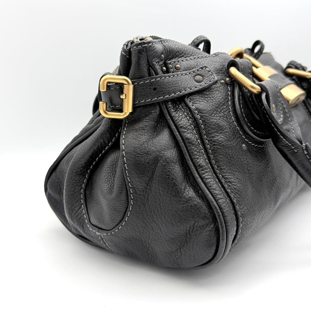 Front view of the Chloe Paddington Shoulder Bag in black leather with gold-tone hardware and signature padlock.
