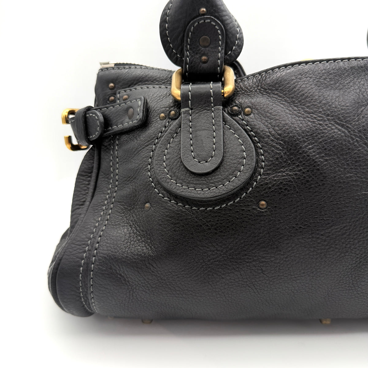 Front view of the Chloe Paddington Shoulder Bag in black leather with gold-tone hardware and signature padlock.