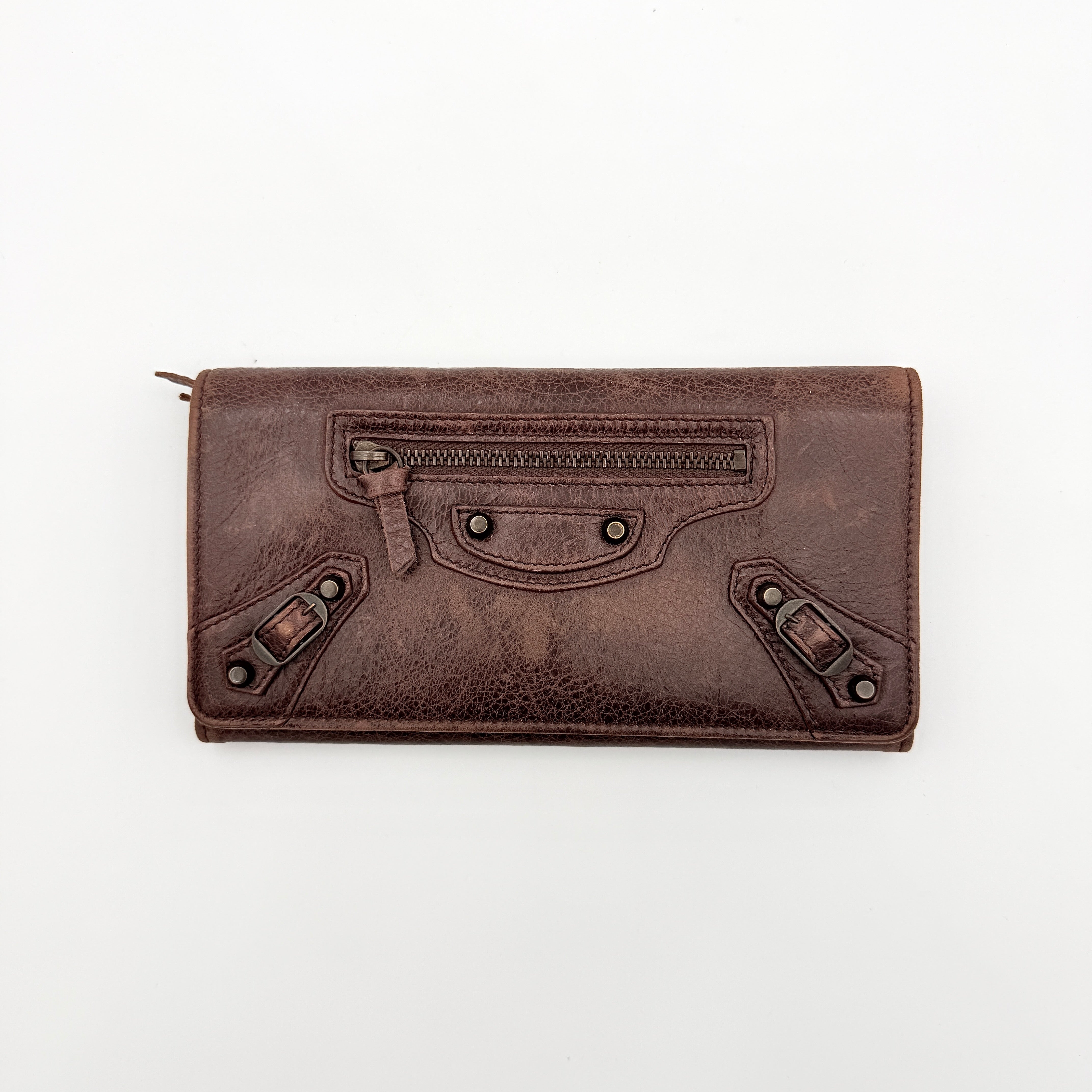 Balenciaga City Leather Long Wallet in brown distressed leather with signature buckle and zip detailing.
