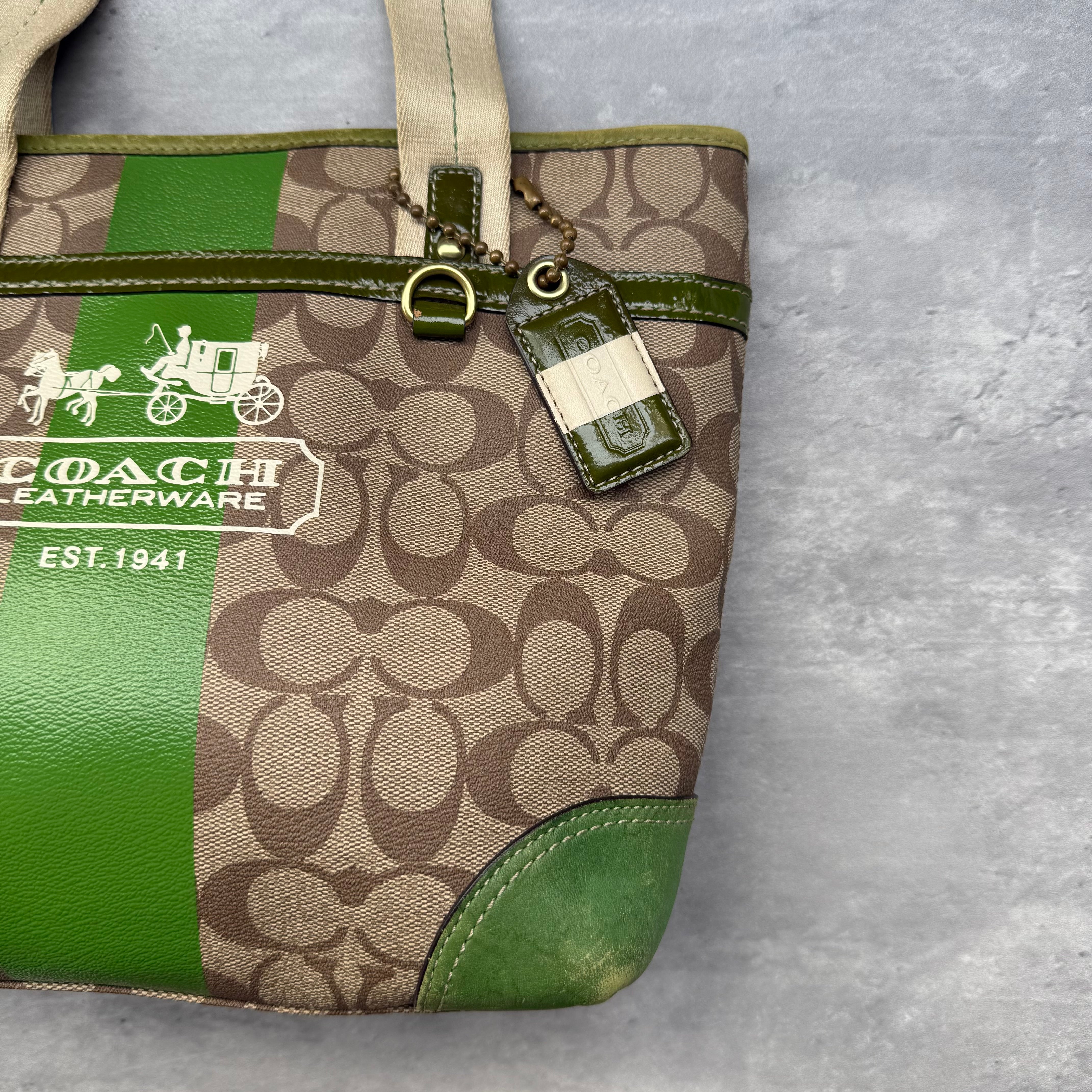 Coach Signature Heritage Stripe Tote Bag Beige/Green