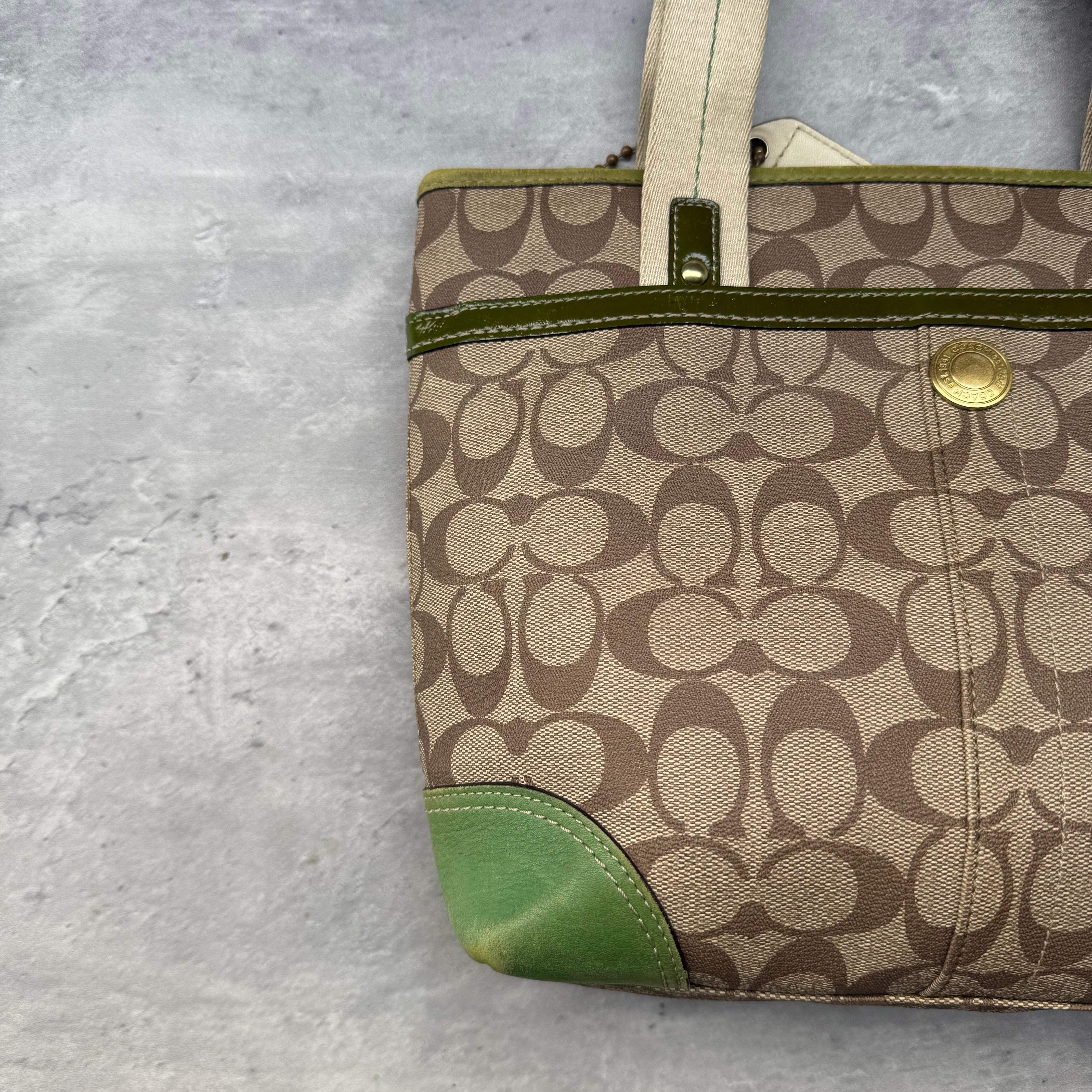 Coach Signature Heritage Stripe Tote Bag Beige/Green