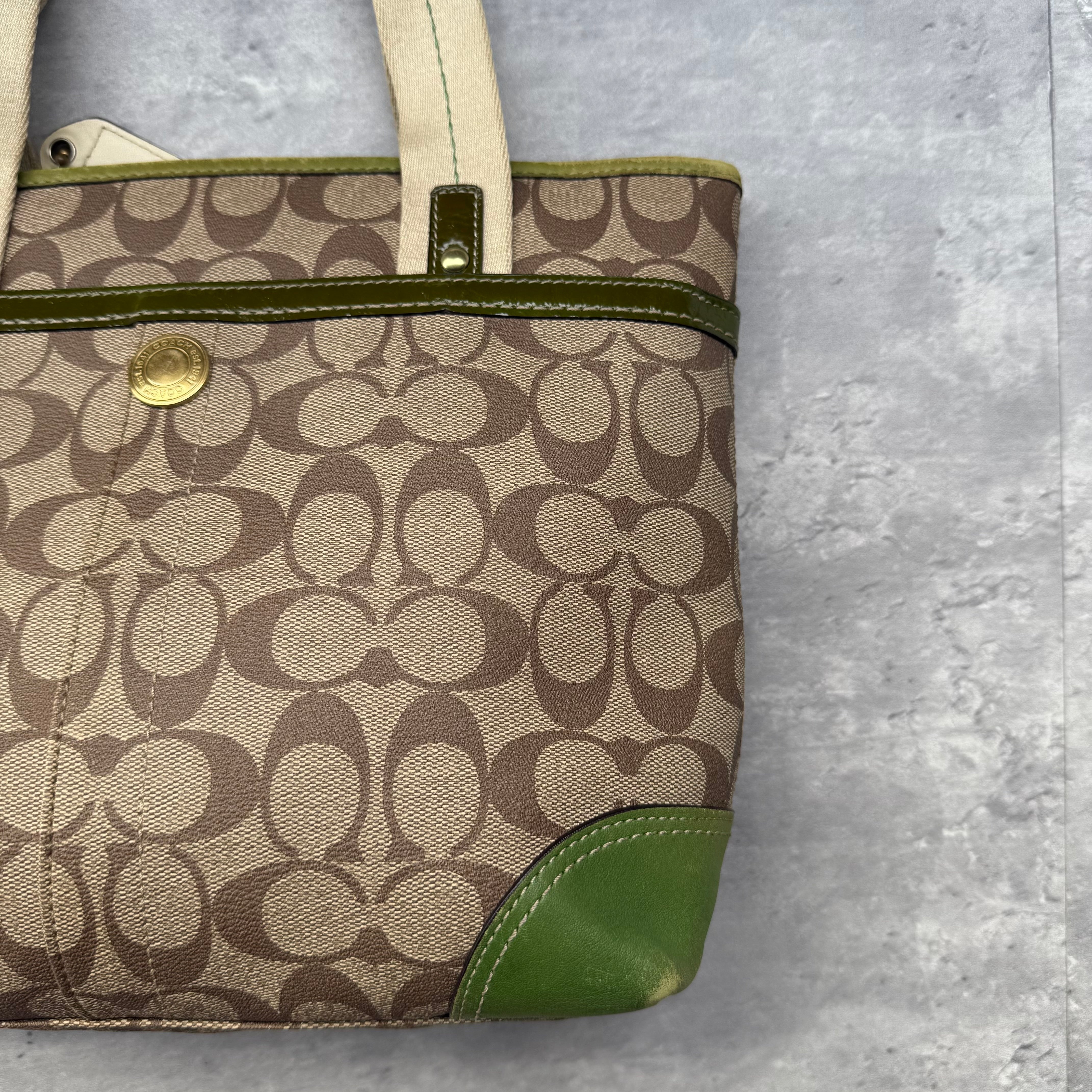 Coach Signature Heritage Stripe Tote Bag Beige/Green