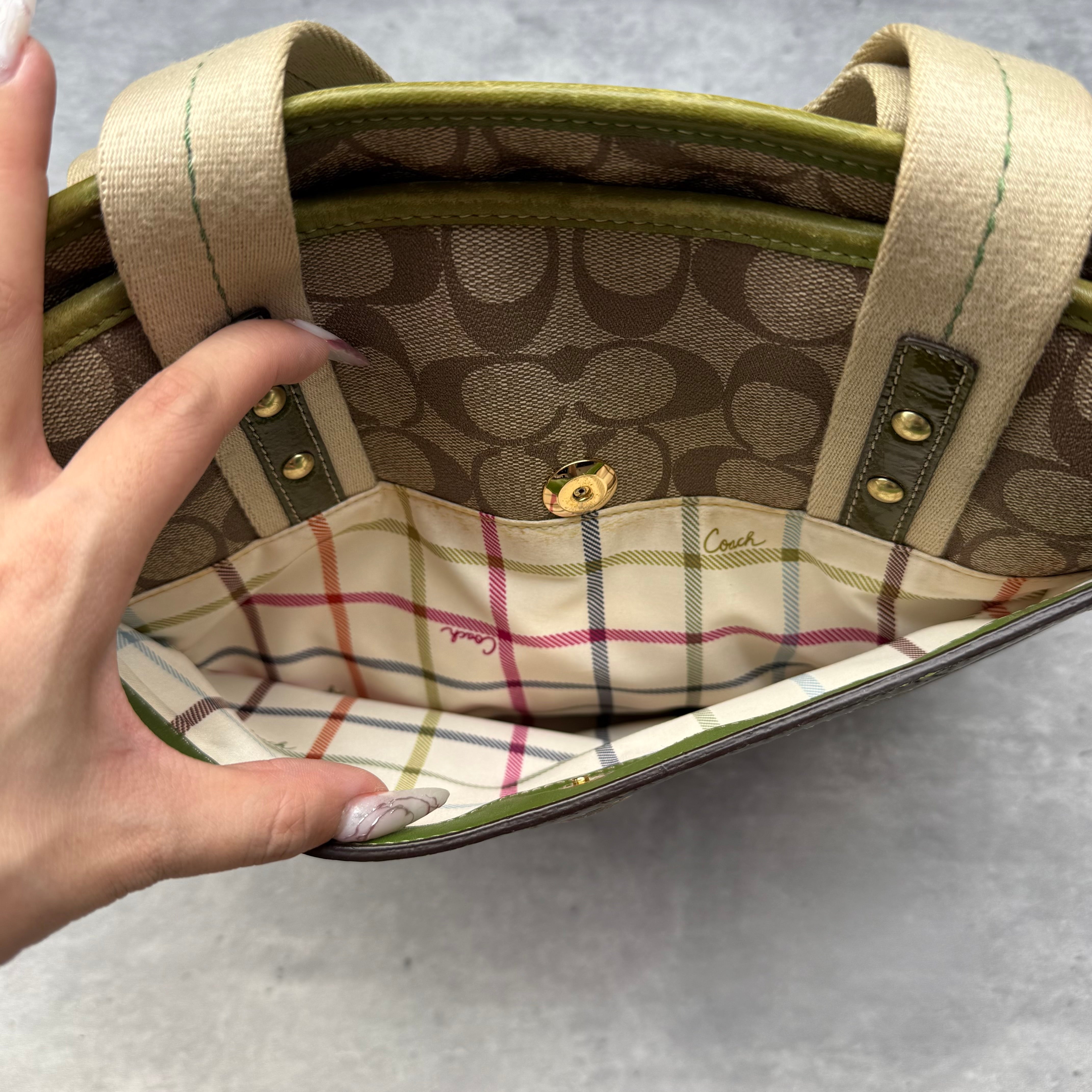 Coach Signature Heritage Stripe Tote Bag Beige/Green