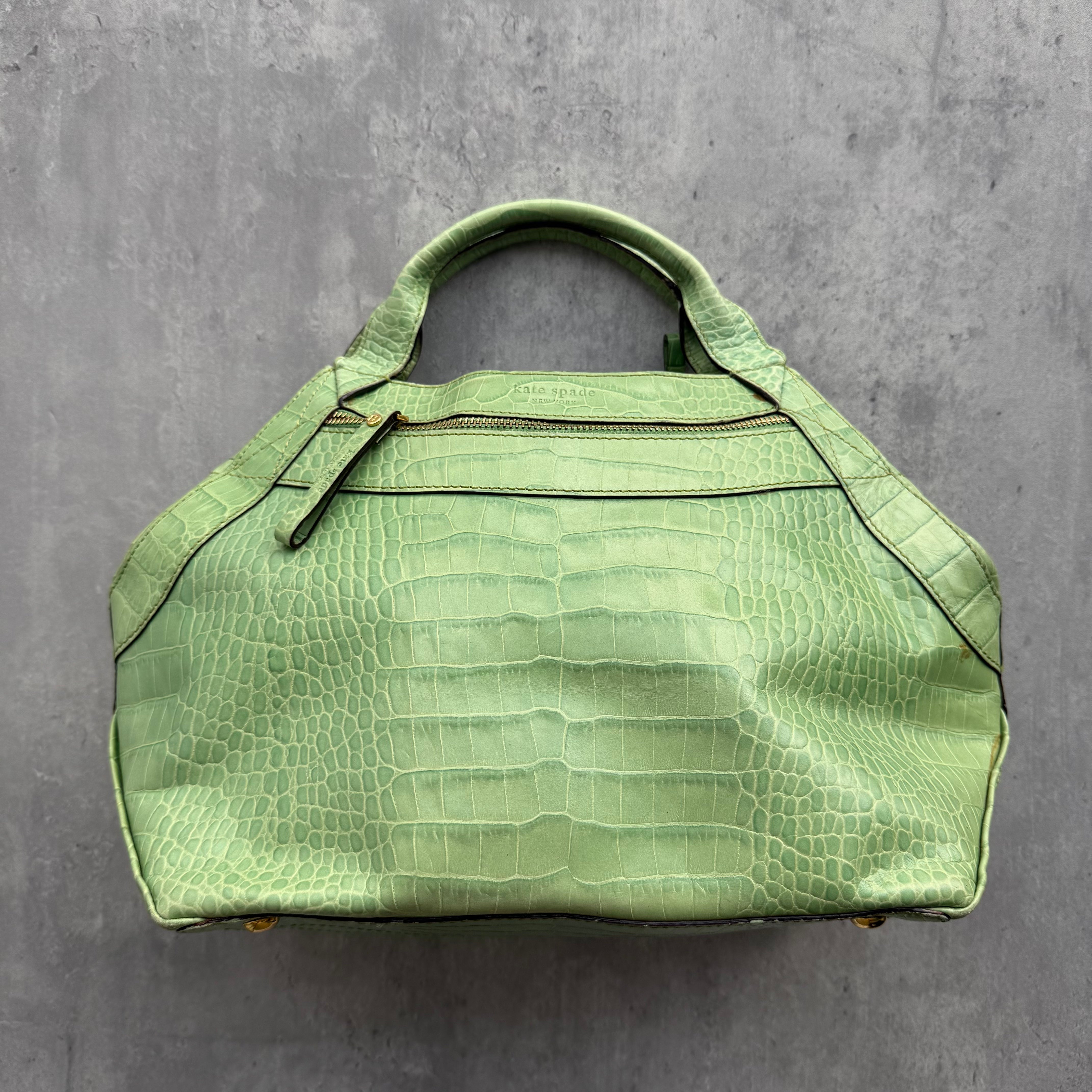 Kate Spade Croc Embossed Leather Shoulder Bag in lime green leather with gold-tone hardware.